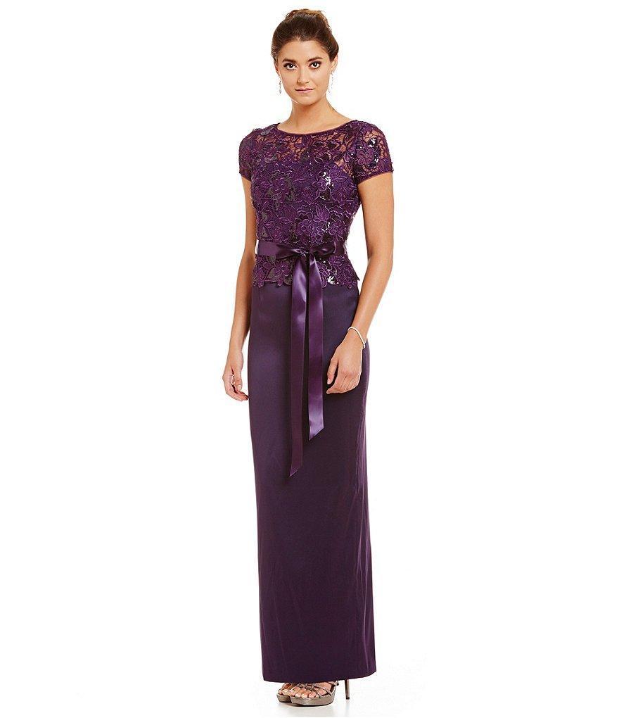 Adrianna Papell Short Sleeve Lace Bodice Long Dress in Purple | Lyst