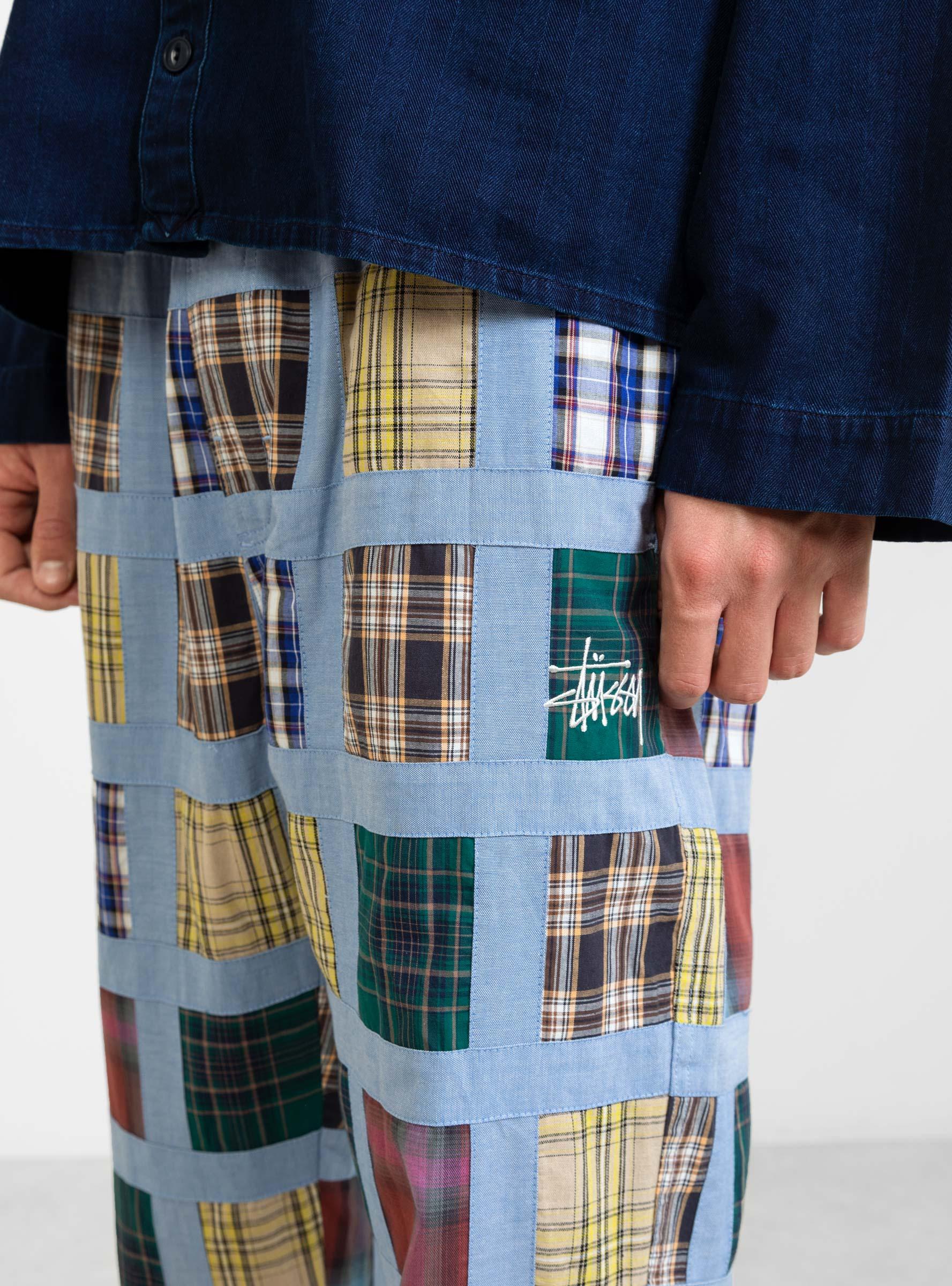 Stussy Cotton Madras Patchwork Relaxed Pant Multi Plaid in Blue 