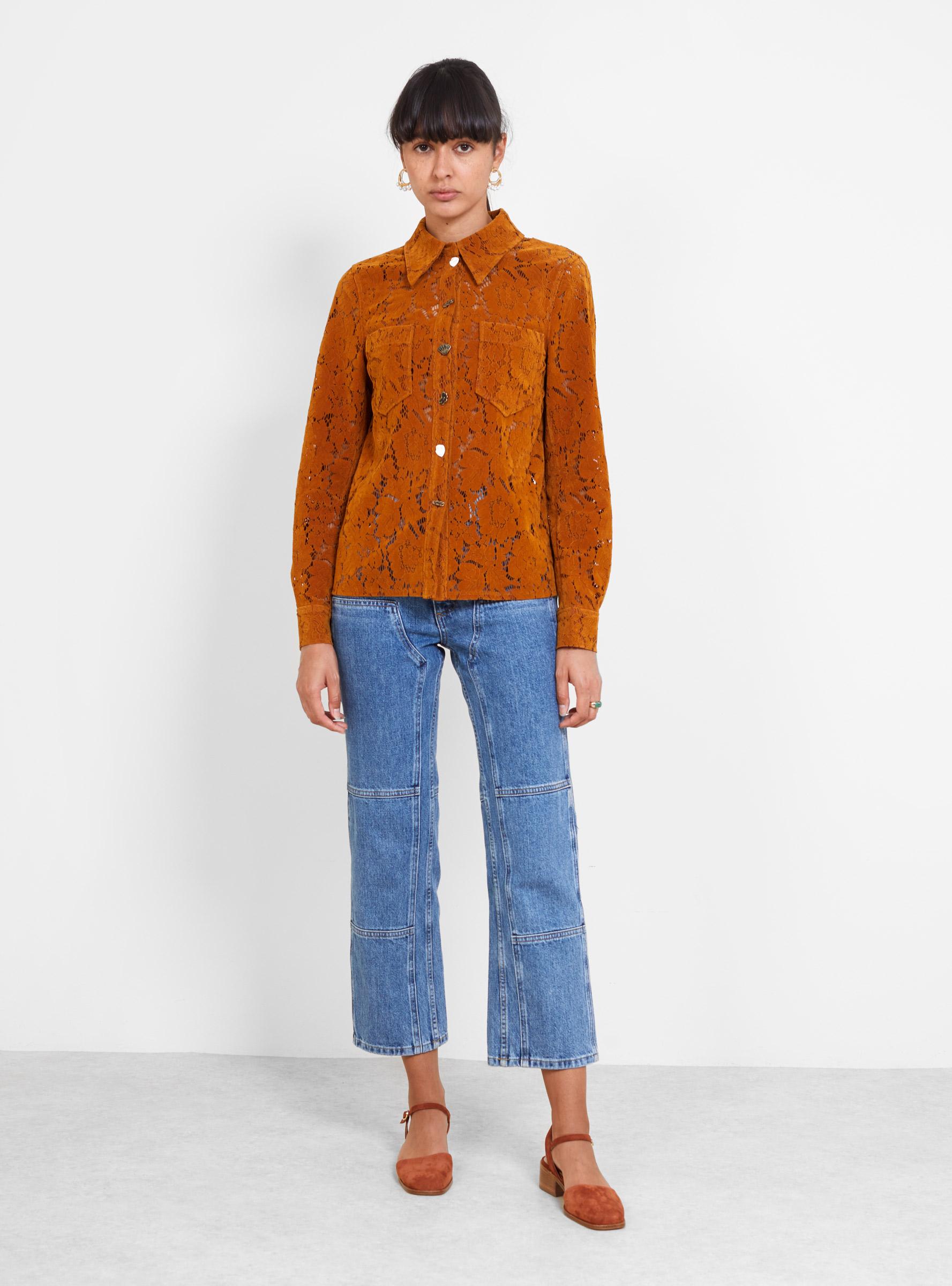 Rejina Pyo Remi Shirt Flocked Tan Lace 