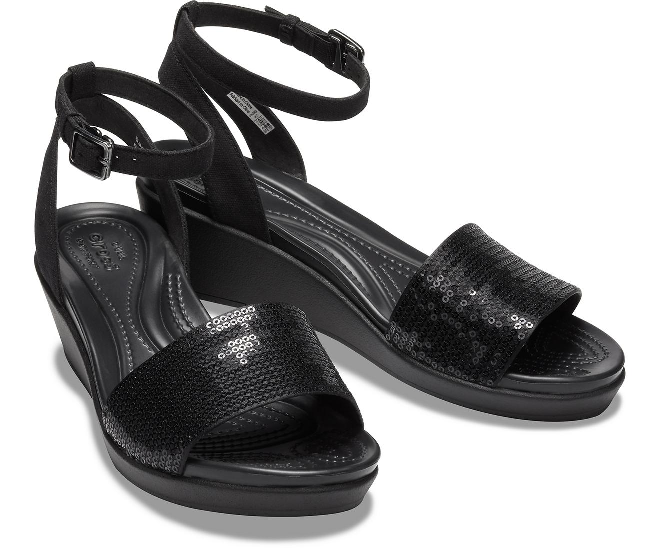 Crocs™ Leighann Ankle-strap Sequin Wedge in Black | Lyst