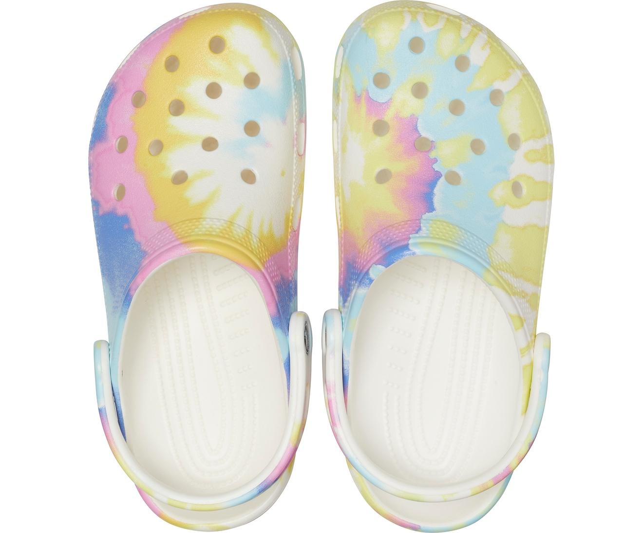 white and blue tie dye crocs