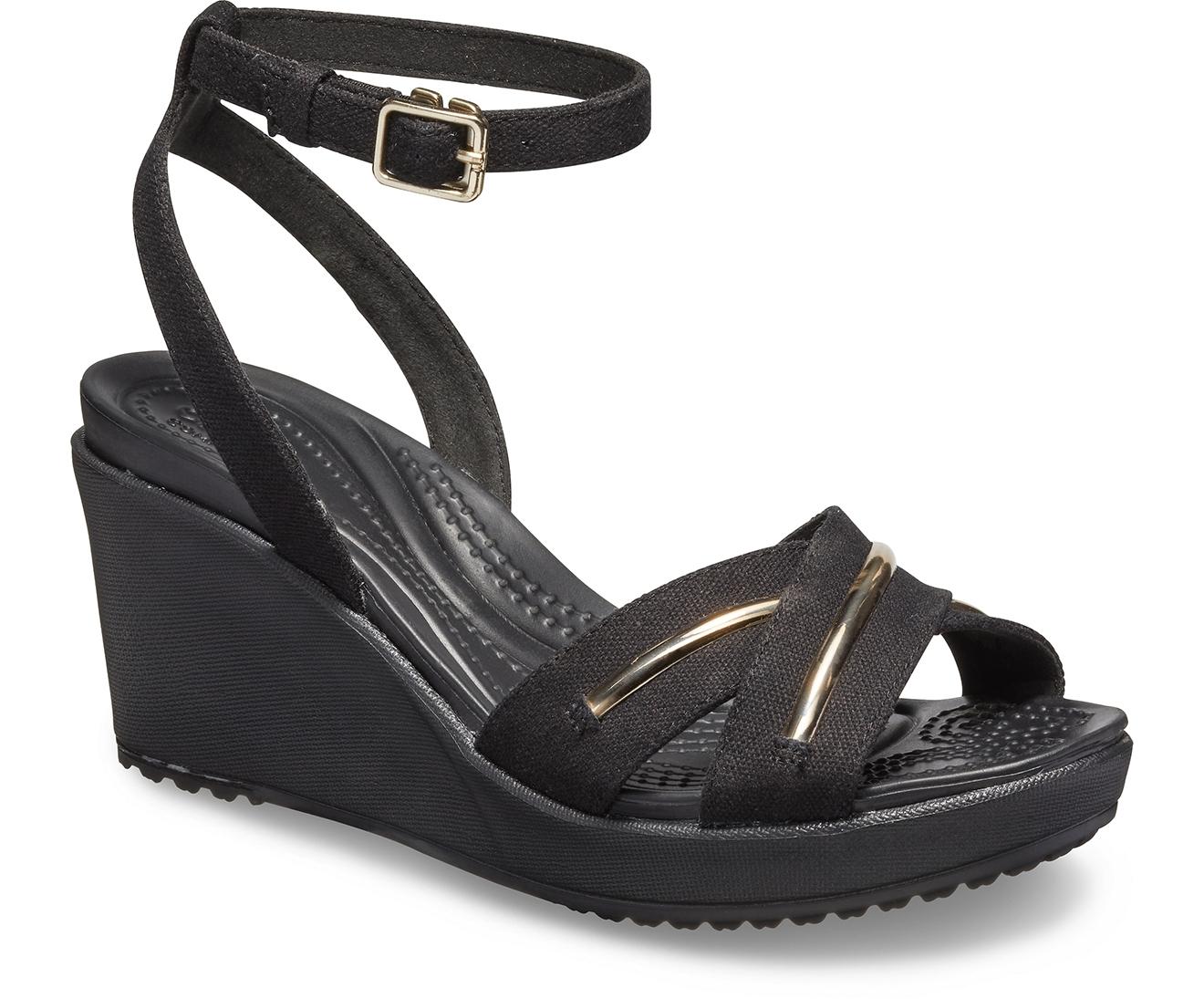 Crocs™ Leigh Ii Metalblock Cross-strap Ankle Wedge in Champagne/Black ...