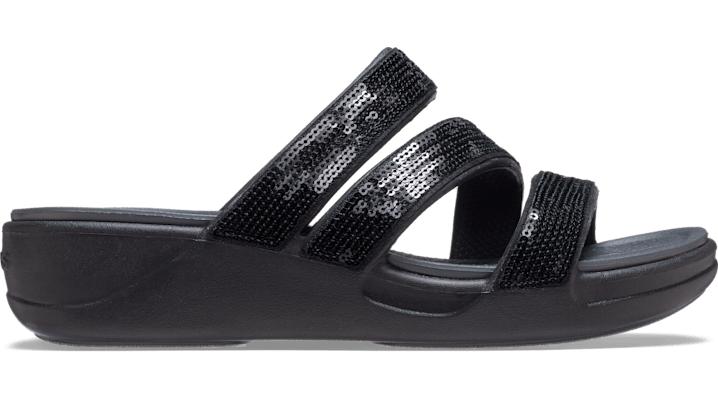 Crocs™ Women's Boca Sequin Strappy Wedge in Black