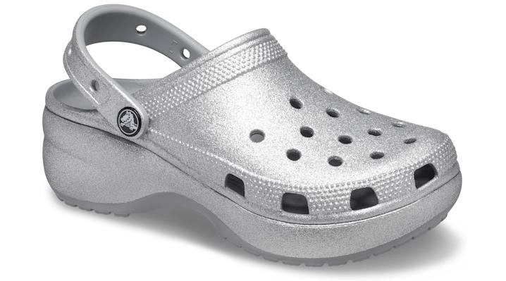 black glitter platform crocs