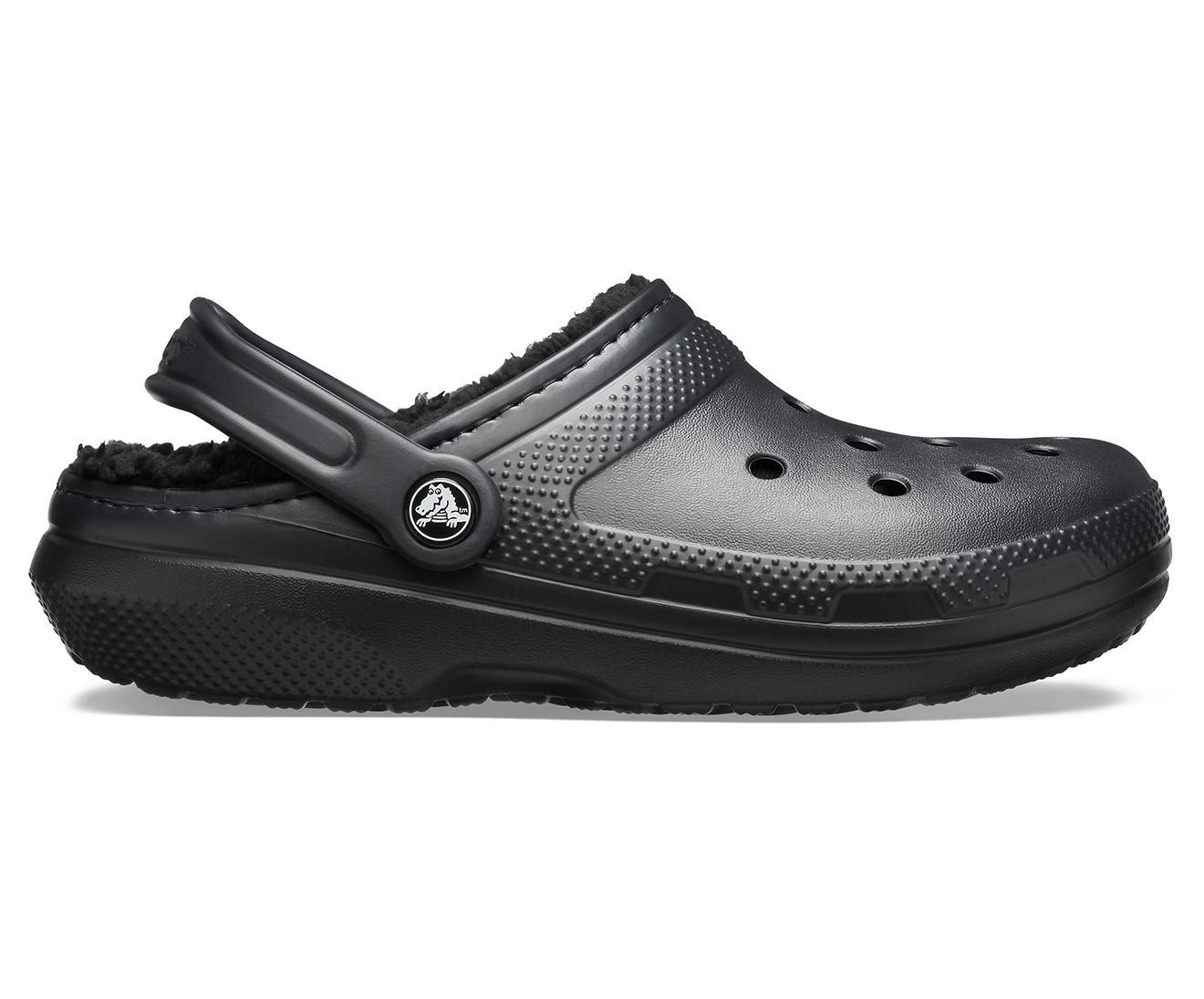 lined black crocs