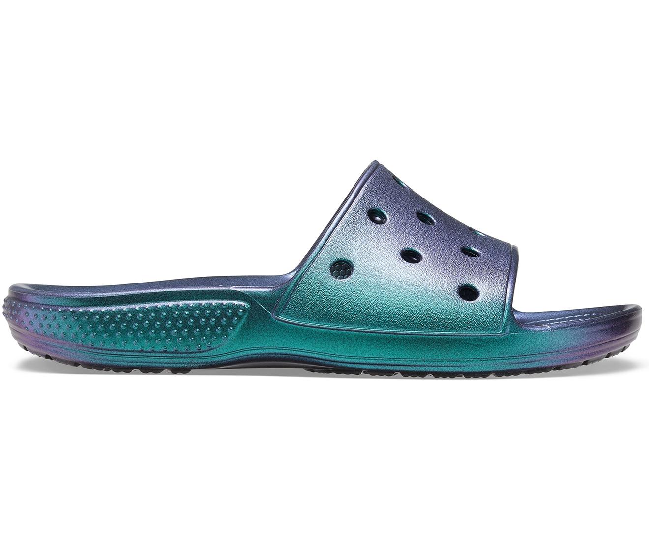 iridescent crocs slides
