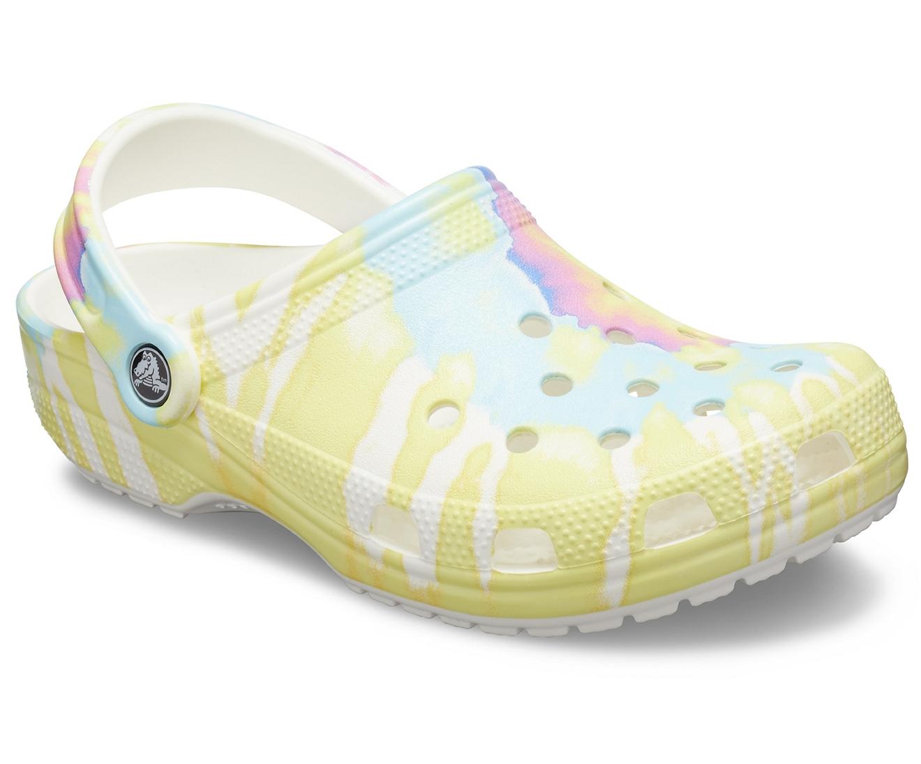 white and blue tie dye crocs
