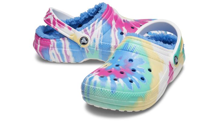 blue and white tie dye crocs