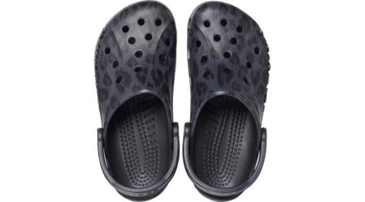 black crocs with leopard fur