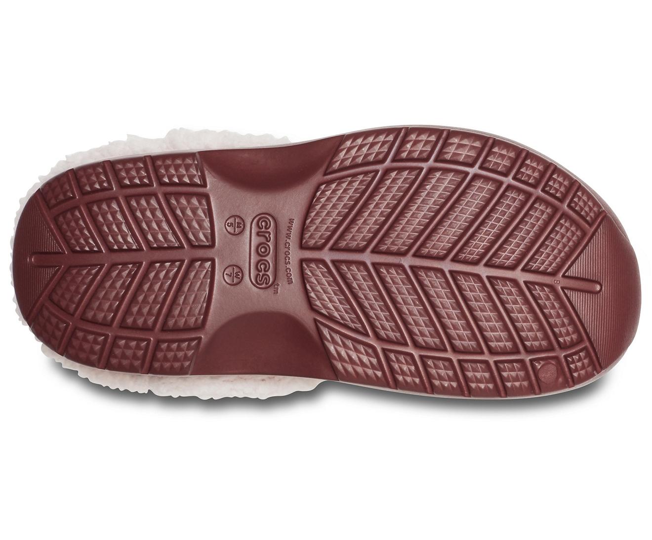 burgundy fur crocs