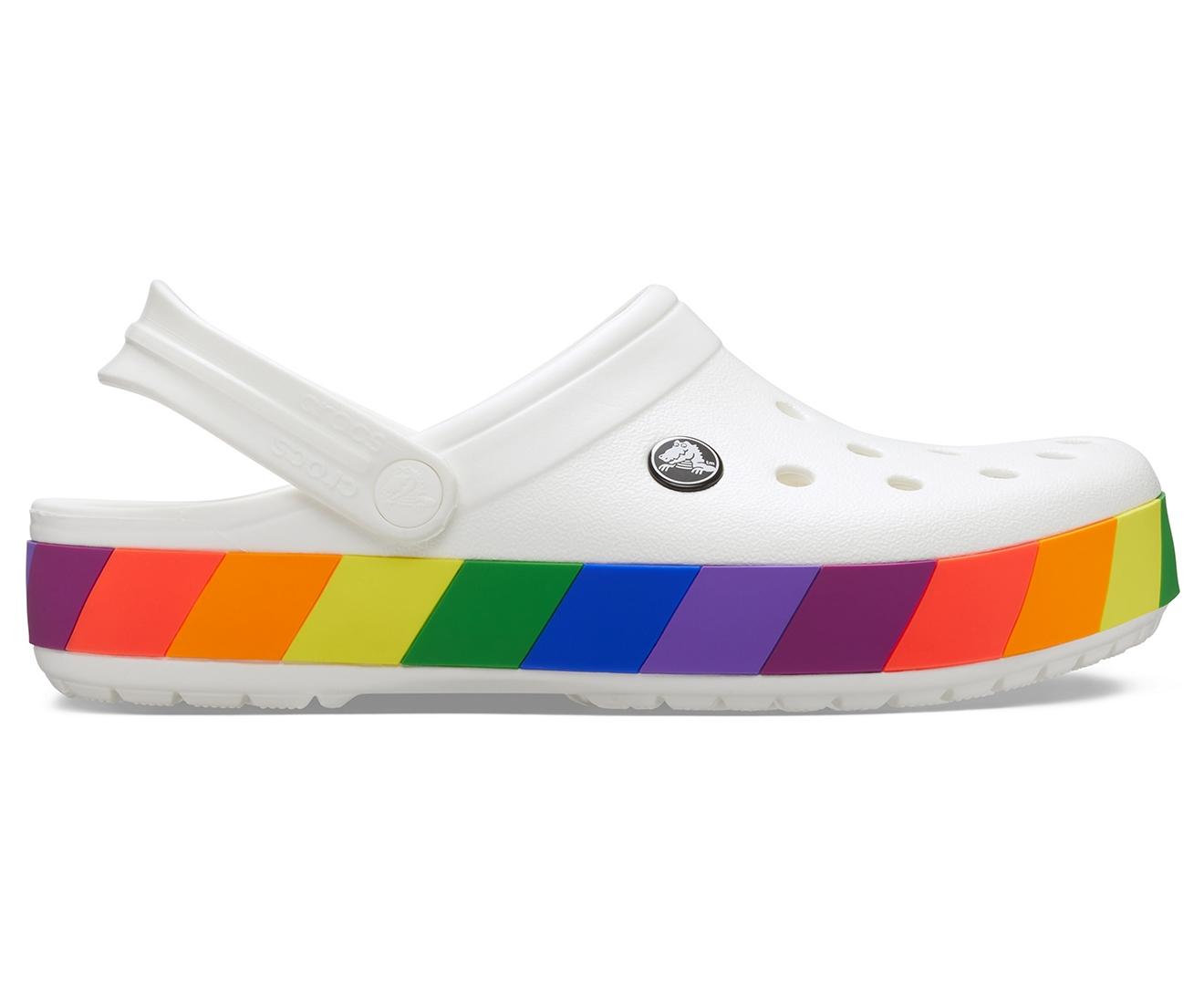 white and rainbow crocs