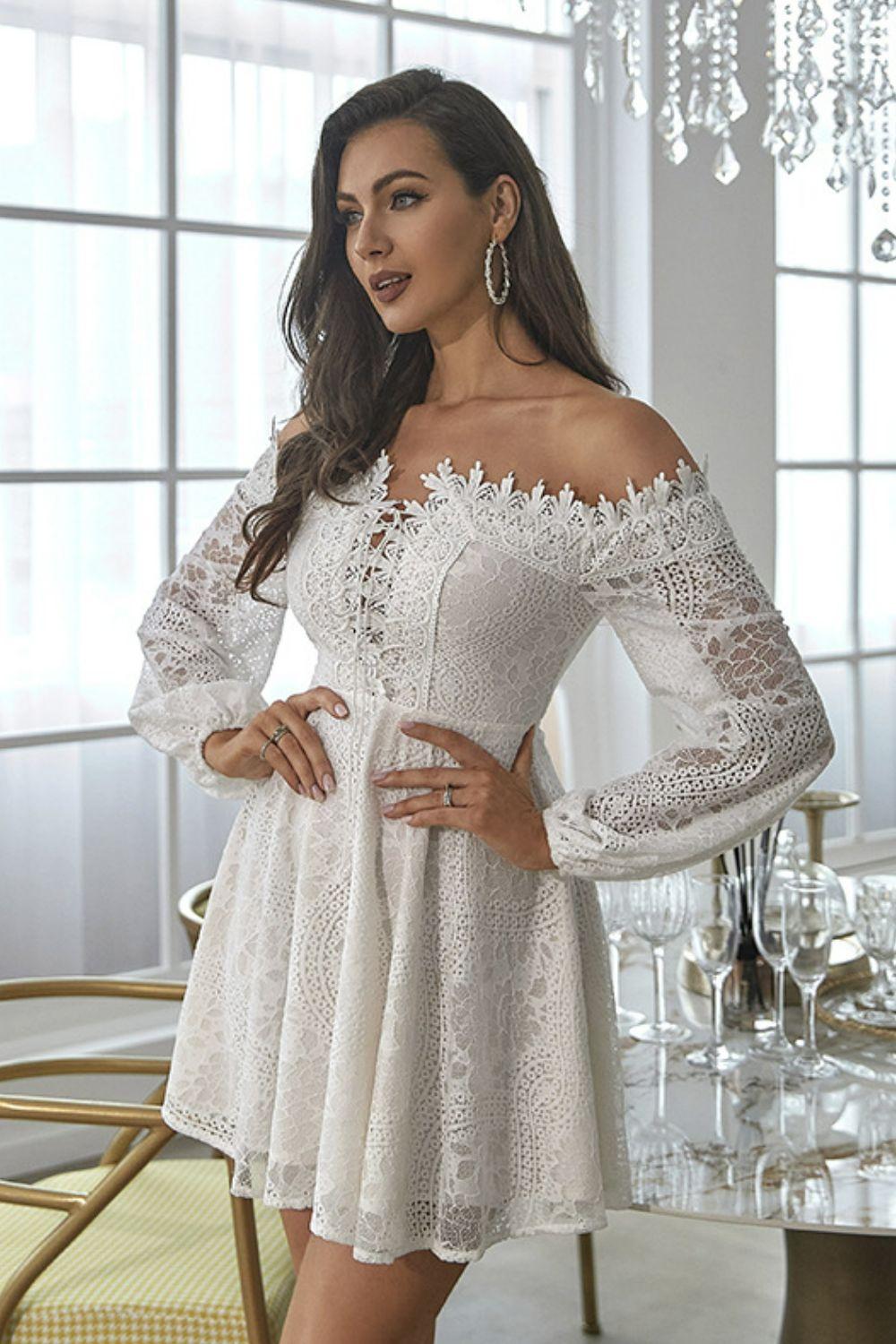 Crystal Wardrobe Off-shoulder Balloon Sleeve Lace-up Dress in White | Lyst