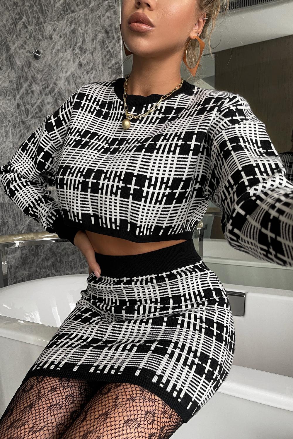 Plaid Cropped Knit Top and Mini Skirt Set