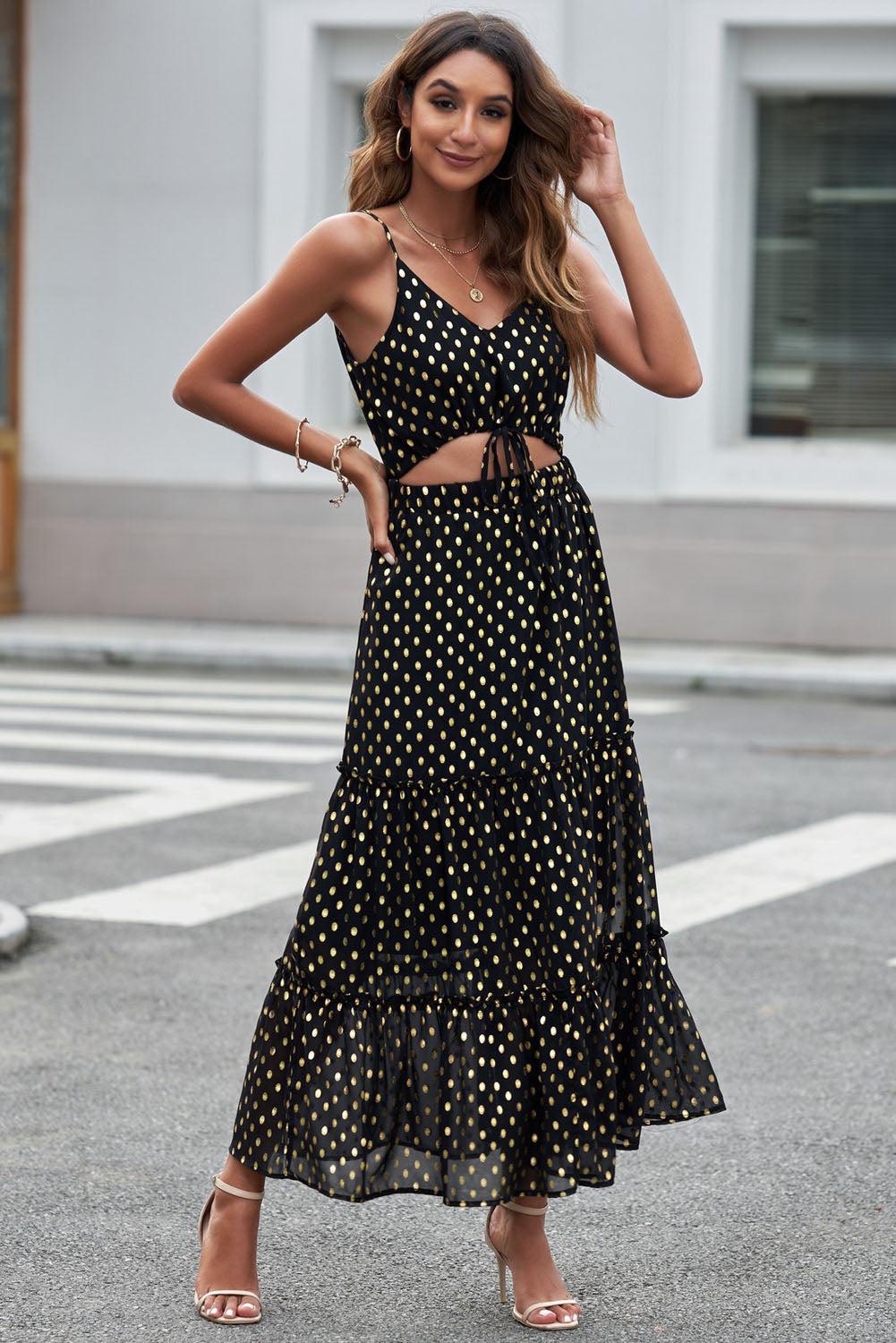 Crystal Wardrobe Polka Dot Cutout Spaghetti Strap Tiered Maxi Dress in  Black | Lyst