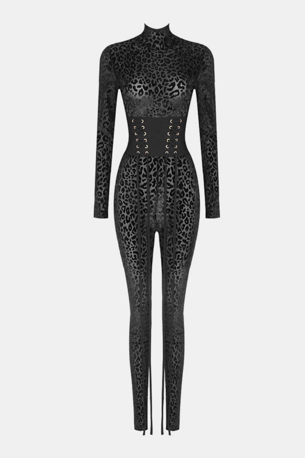 Crystal Wardrobe Leopard Print Turtleneck Jumpsuit With Corset Belt in  Black | Lyst