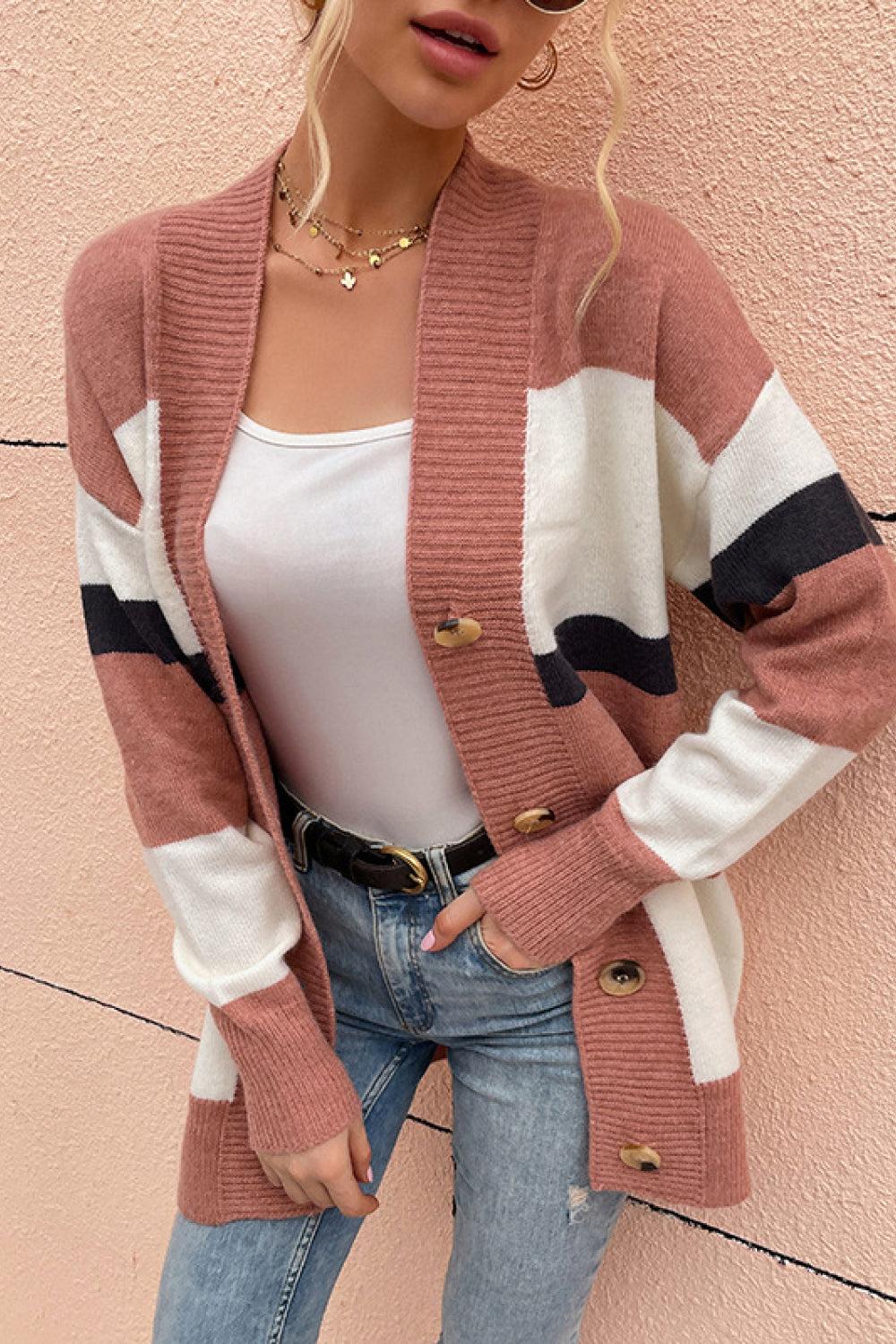 pink button down sweater