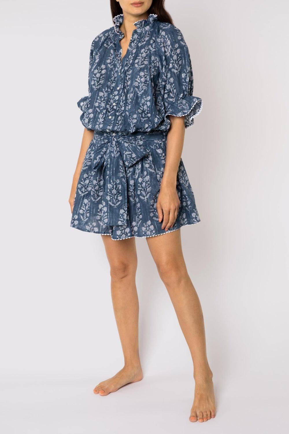 Juliet Dunn Small Flower Block Print Blouson Dress With Lurex in Blue | Lyst
