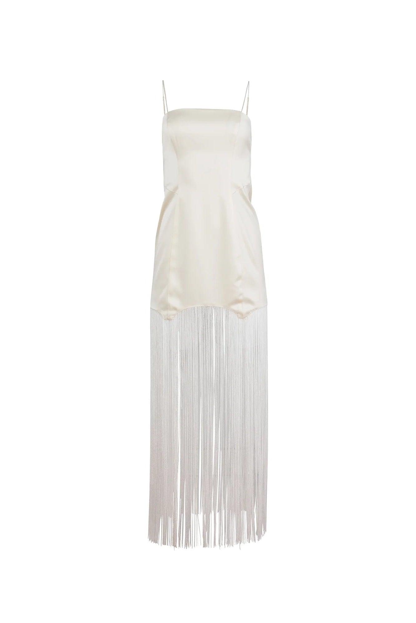 silk white maxi dress La Lune Cumulus Silk Backless Lace Split Maxi Dress | Ivory | Dresses