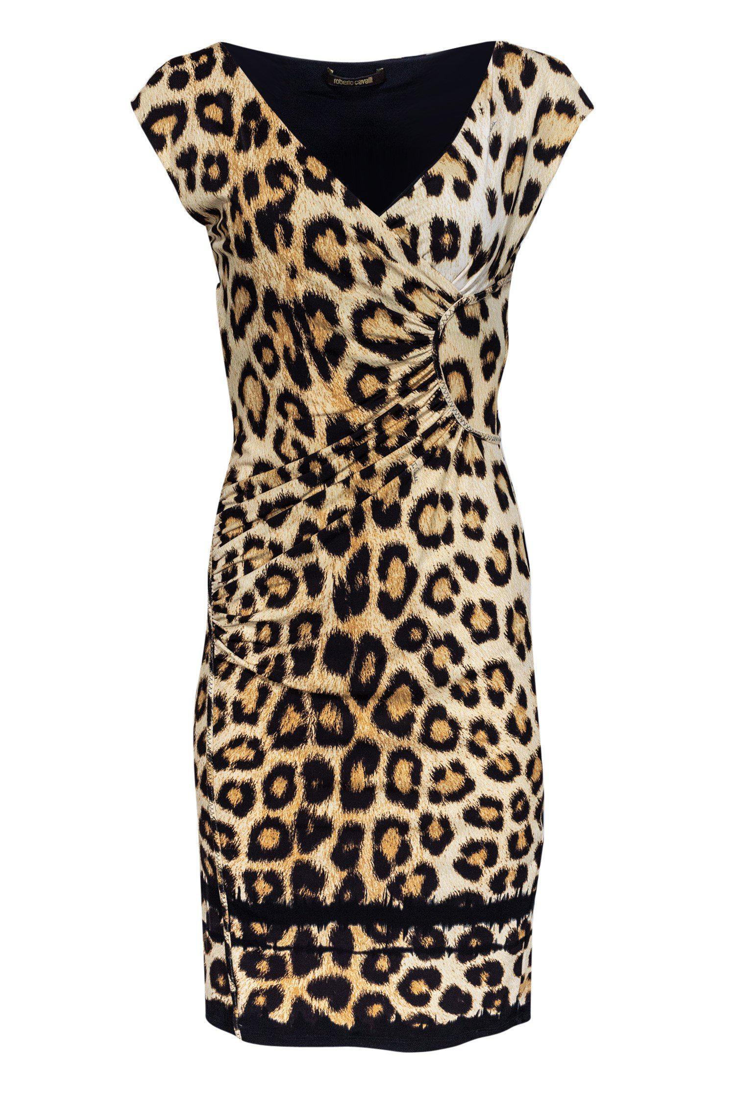 Roberto Cavalli Leather Leopard Print Fitted Dress - Lyst