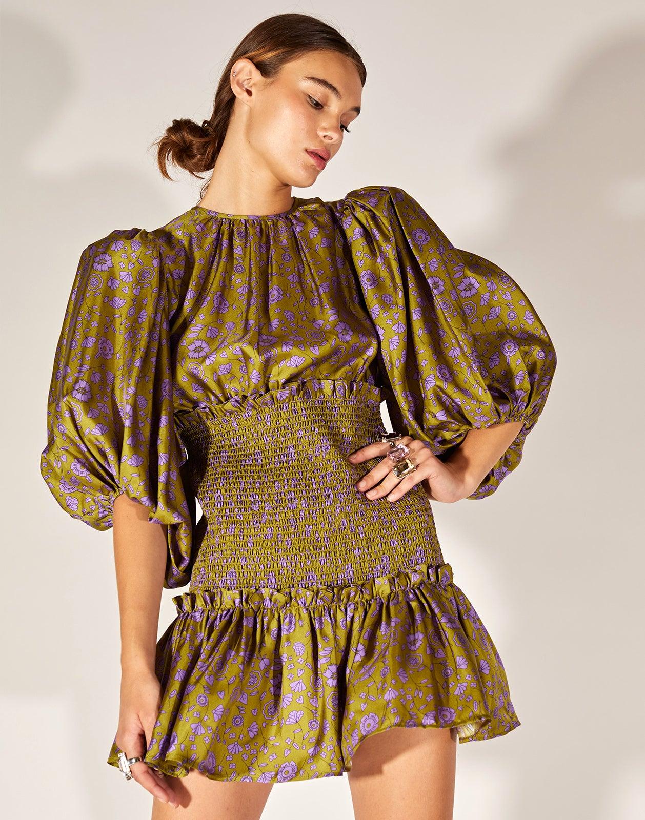 Cynthia Rowley Smocked Silk Twill Dress 