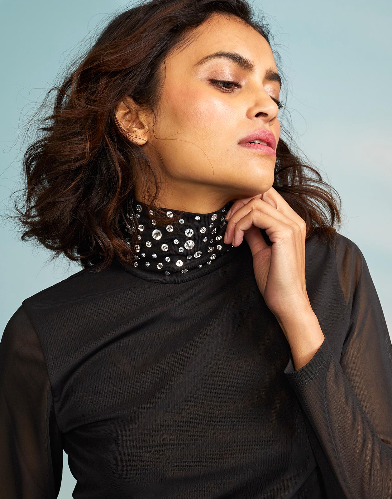Cynthia Rowley Women's Black Crystal Embellished Turtleneck