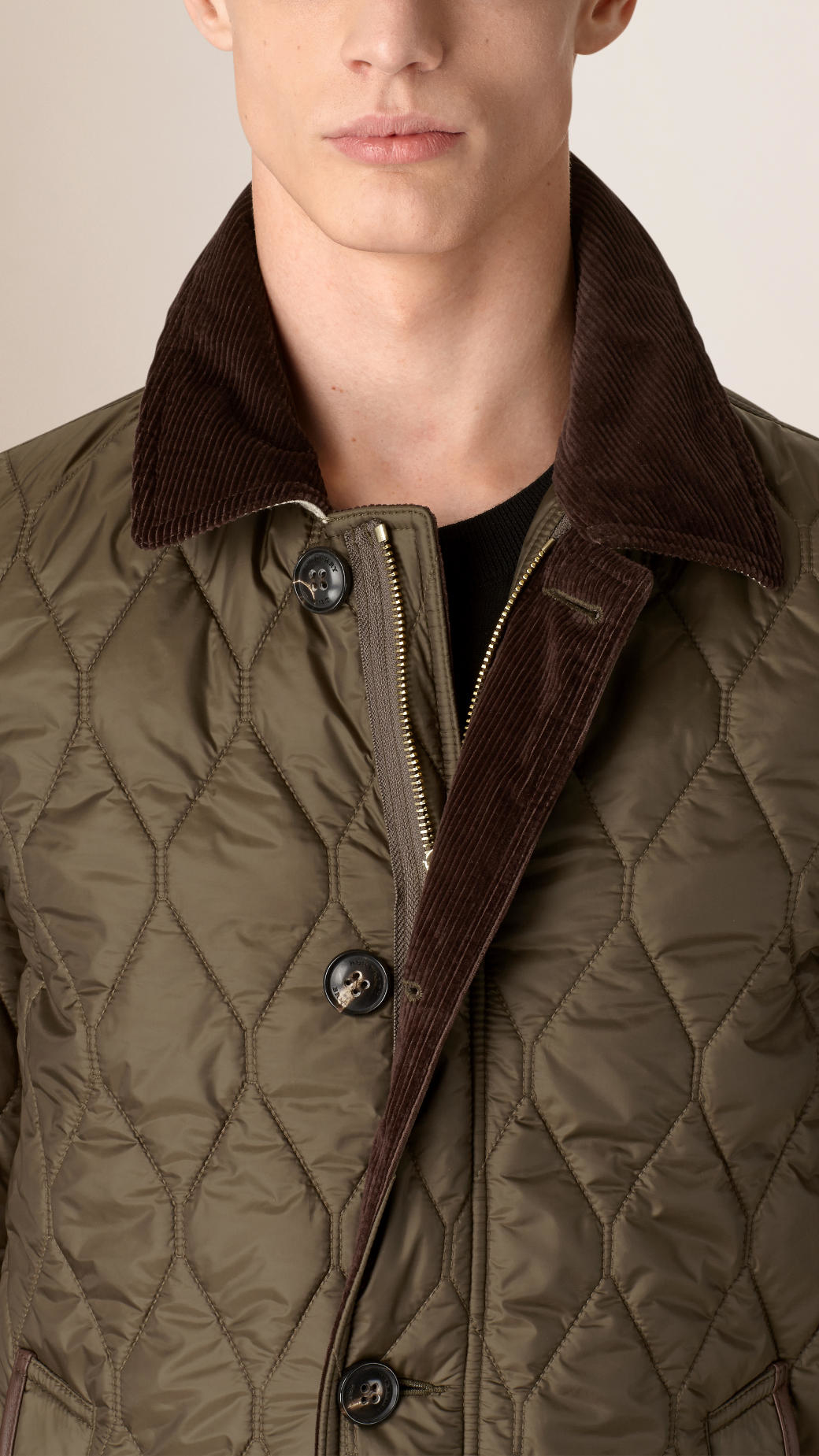 Burberry Check Detail Quilted Jacket With Corduroy Collar in Green for Men  | Lyst