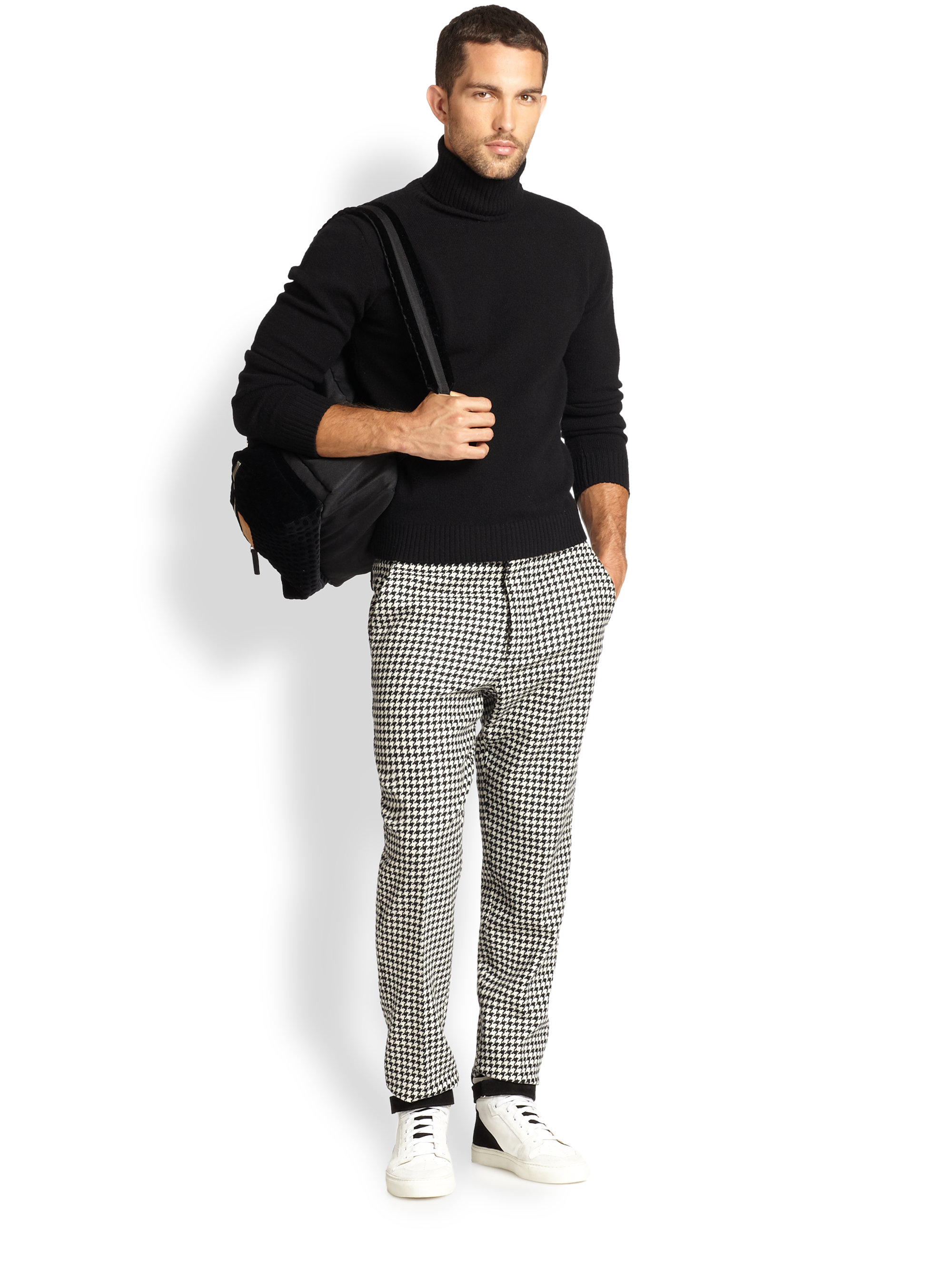 AMI Wool Houndstooth Trousers in Black for Men Lyst