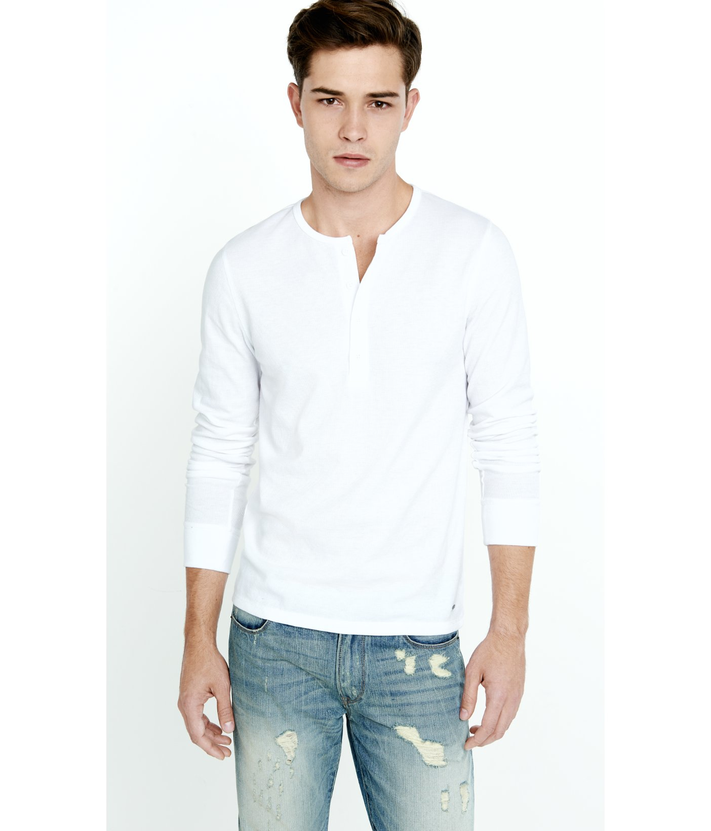 Express Long Sleeve Waffle Knit Henley T-shirt in White for Men - Lyst