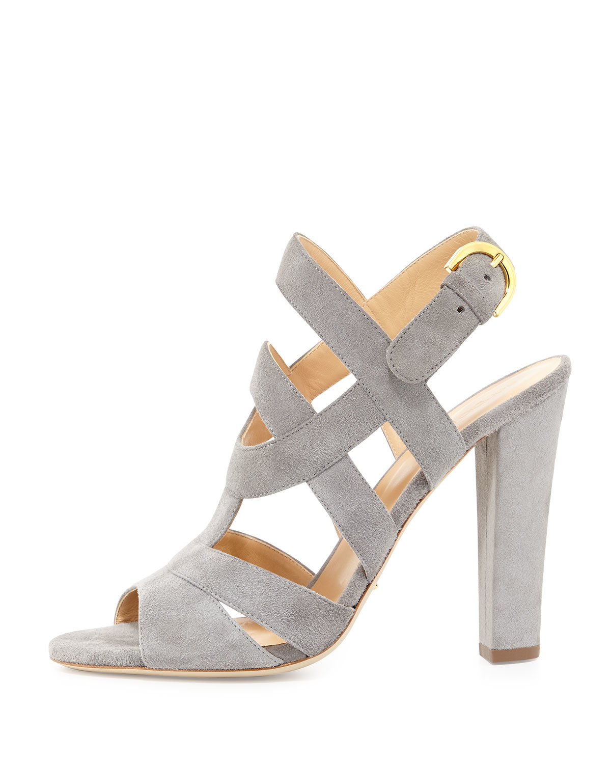 gray suede block heel sandal
