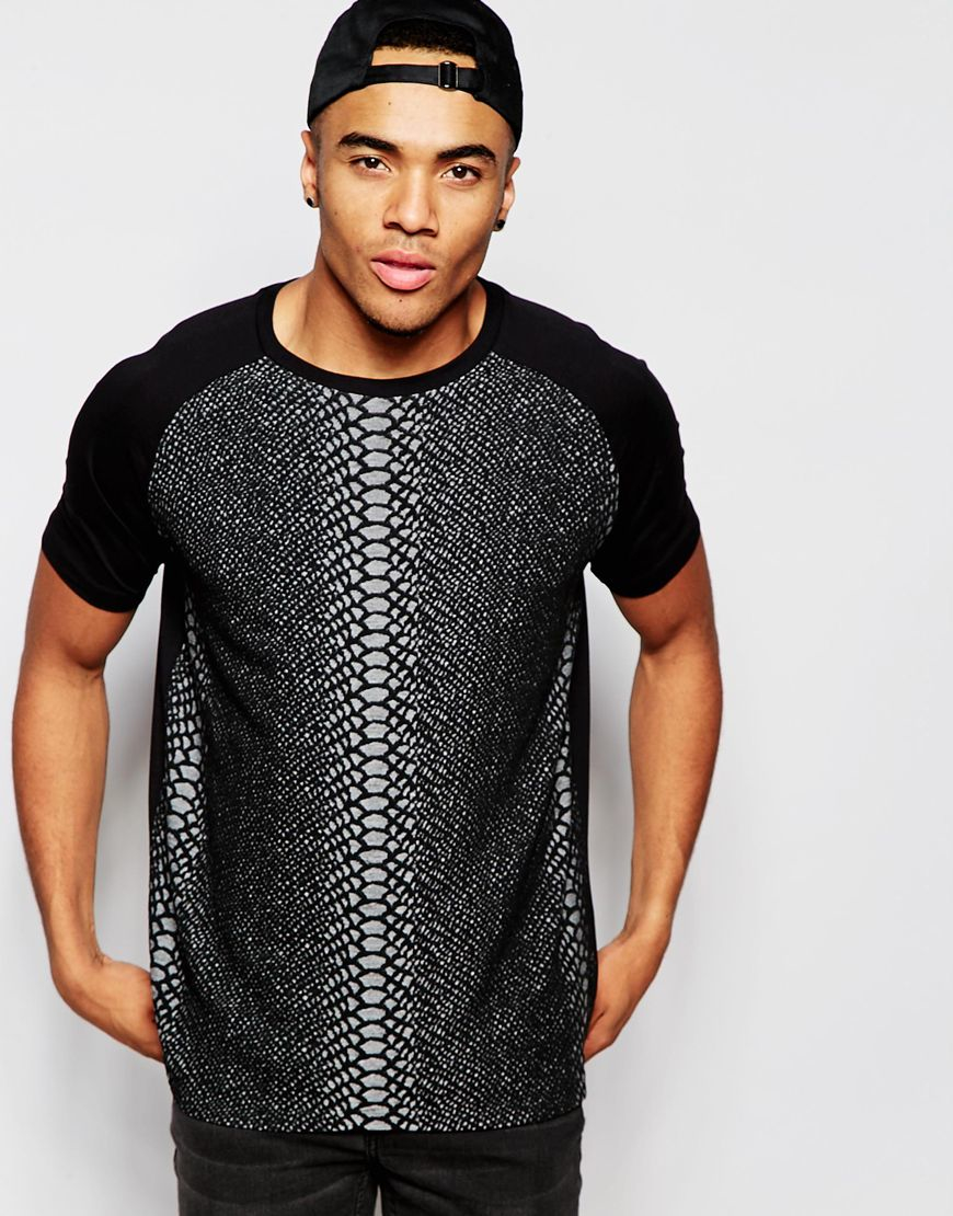 Asos T-shirt In Snake Skin Print With Contrast Raglan Sleeves in Black for Men | Lyst