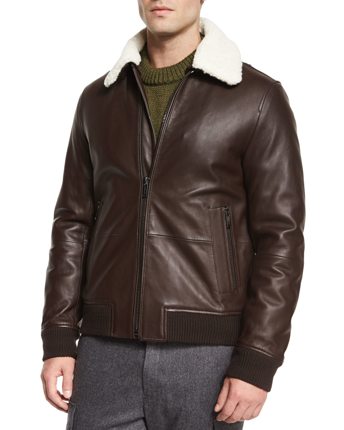Lyst - Michael Kors Leather Jacket With Shearling Collar in Brown for Men