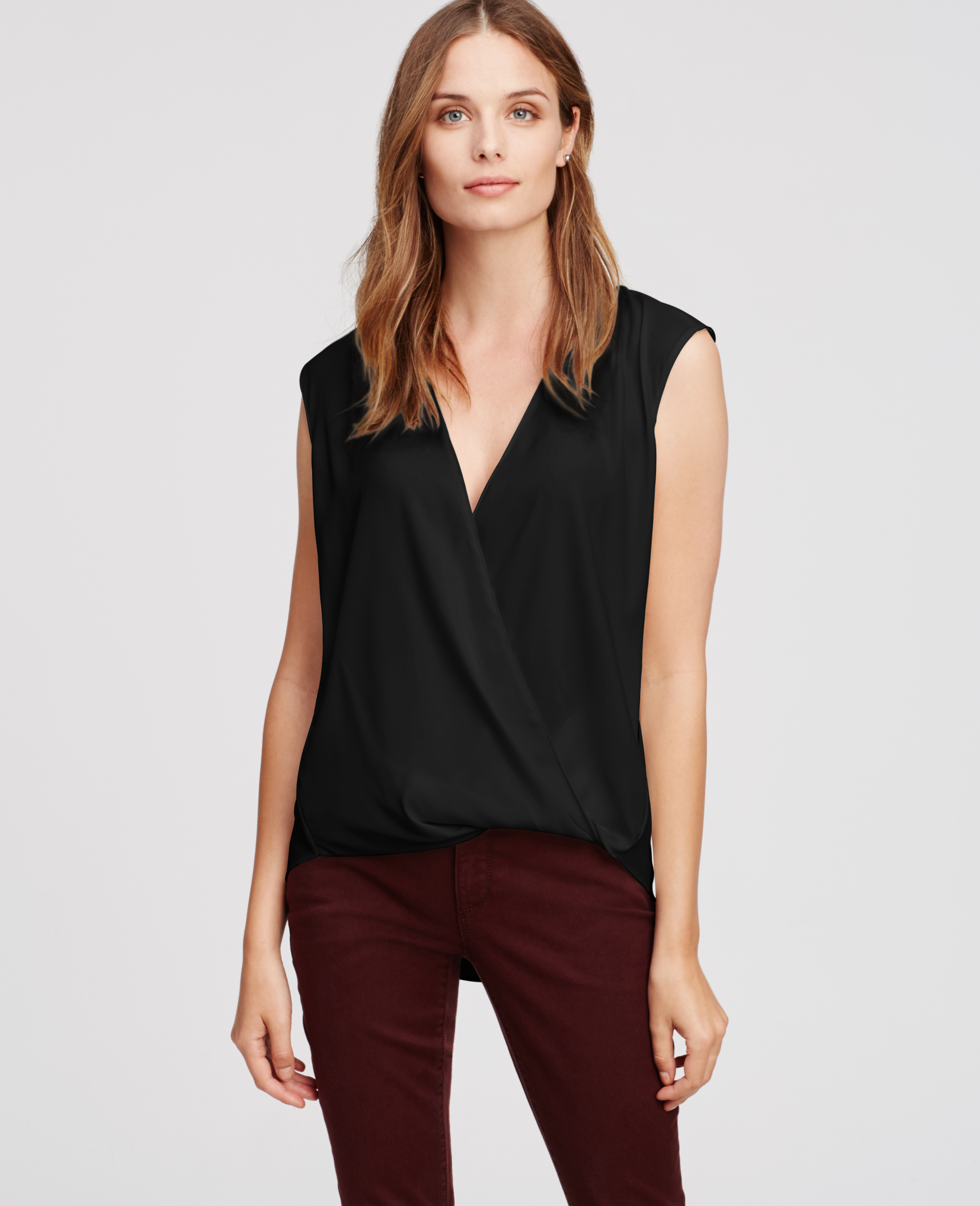 black sleeveless wrap top