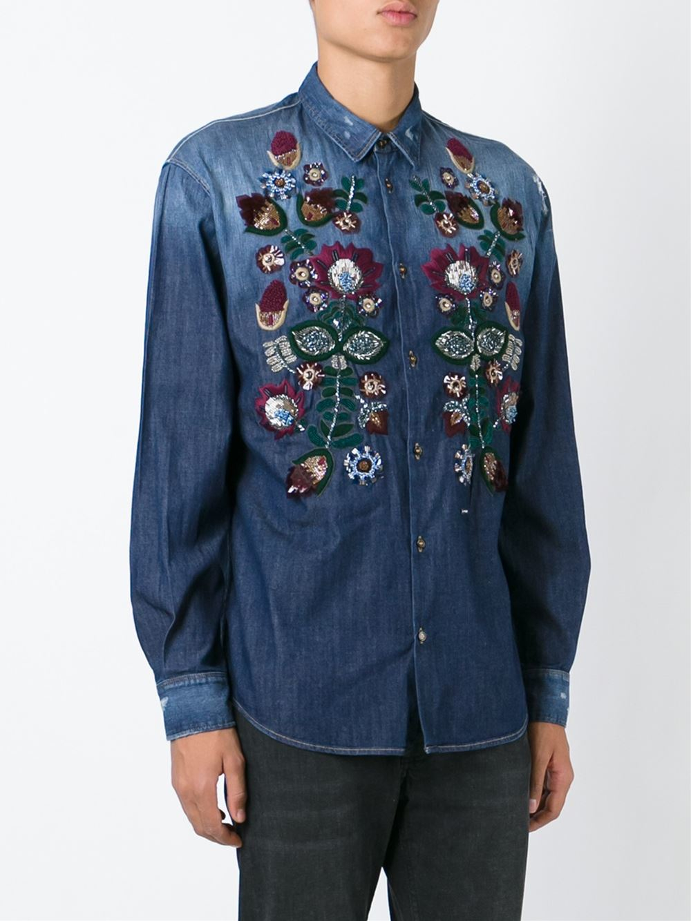 DSquared² Flower Embroidered Denim Shirt in Blue for Men | Lyst