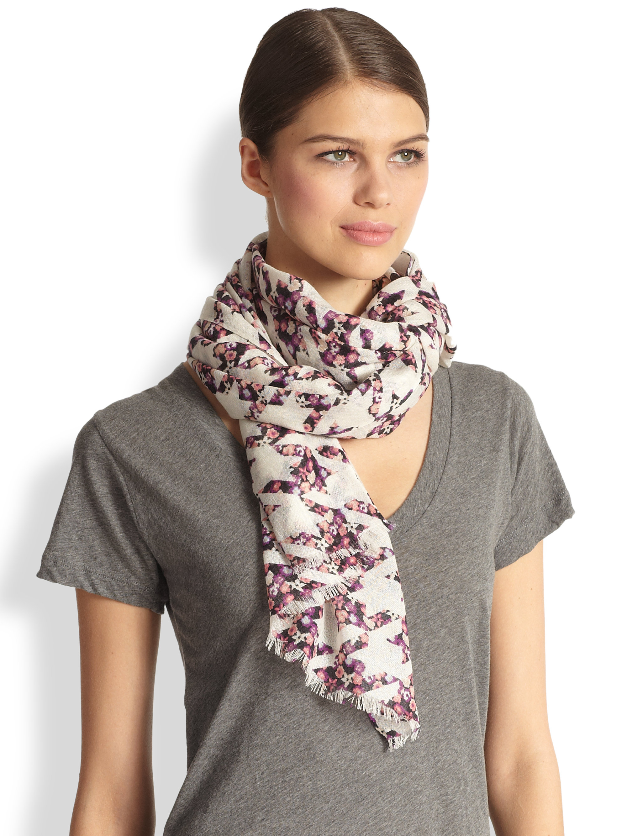 Yarnz Floral Houndstooth Cashmere Silk Scarf in Black - Lyst
