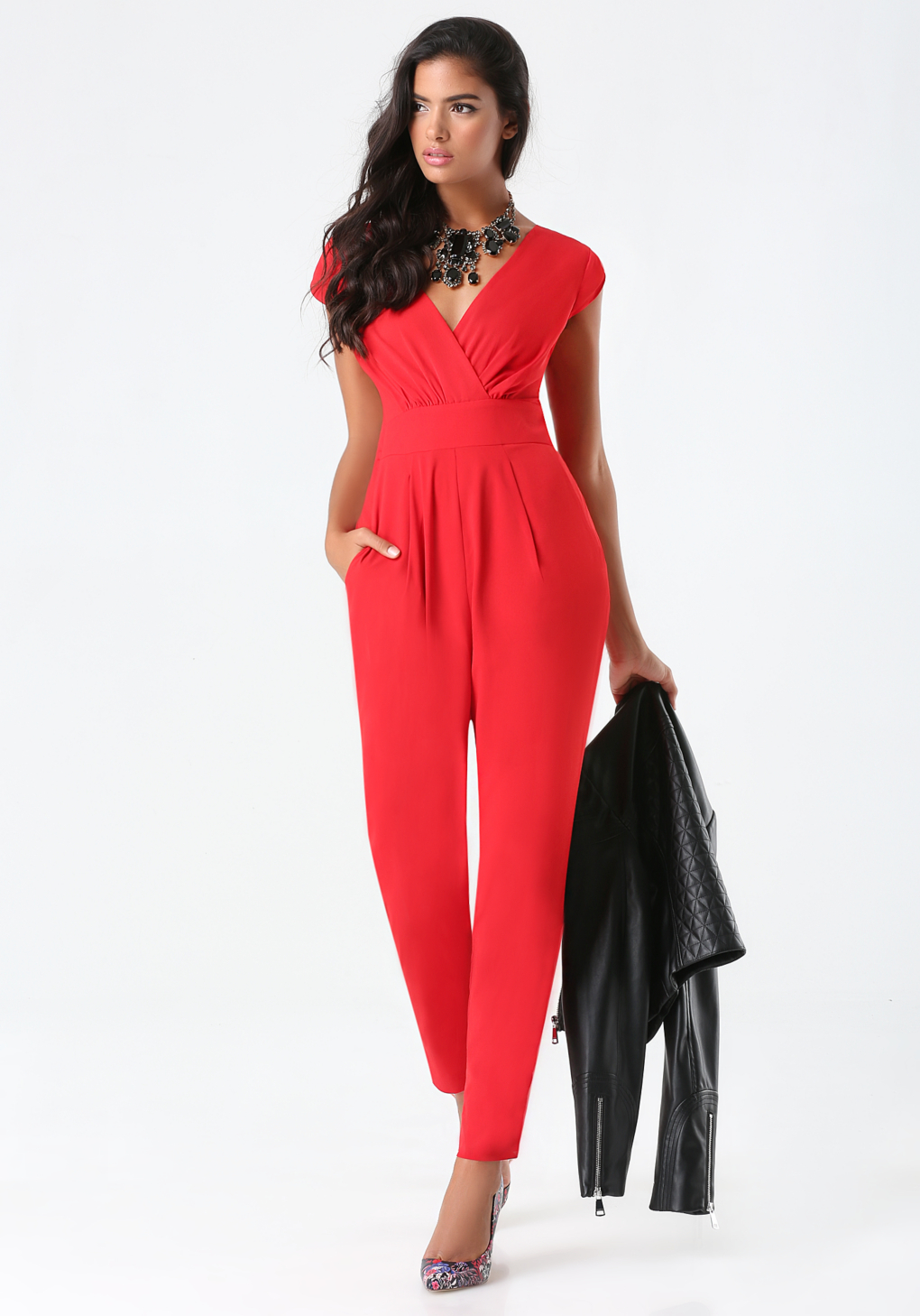 Bebe Petite Emma Bow Jumpsuit in Red | Lyst