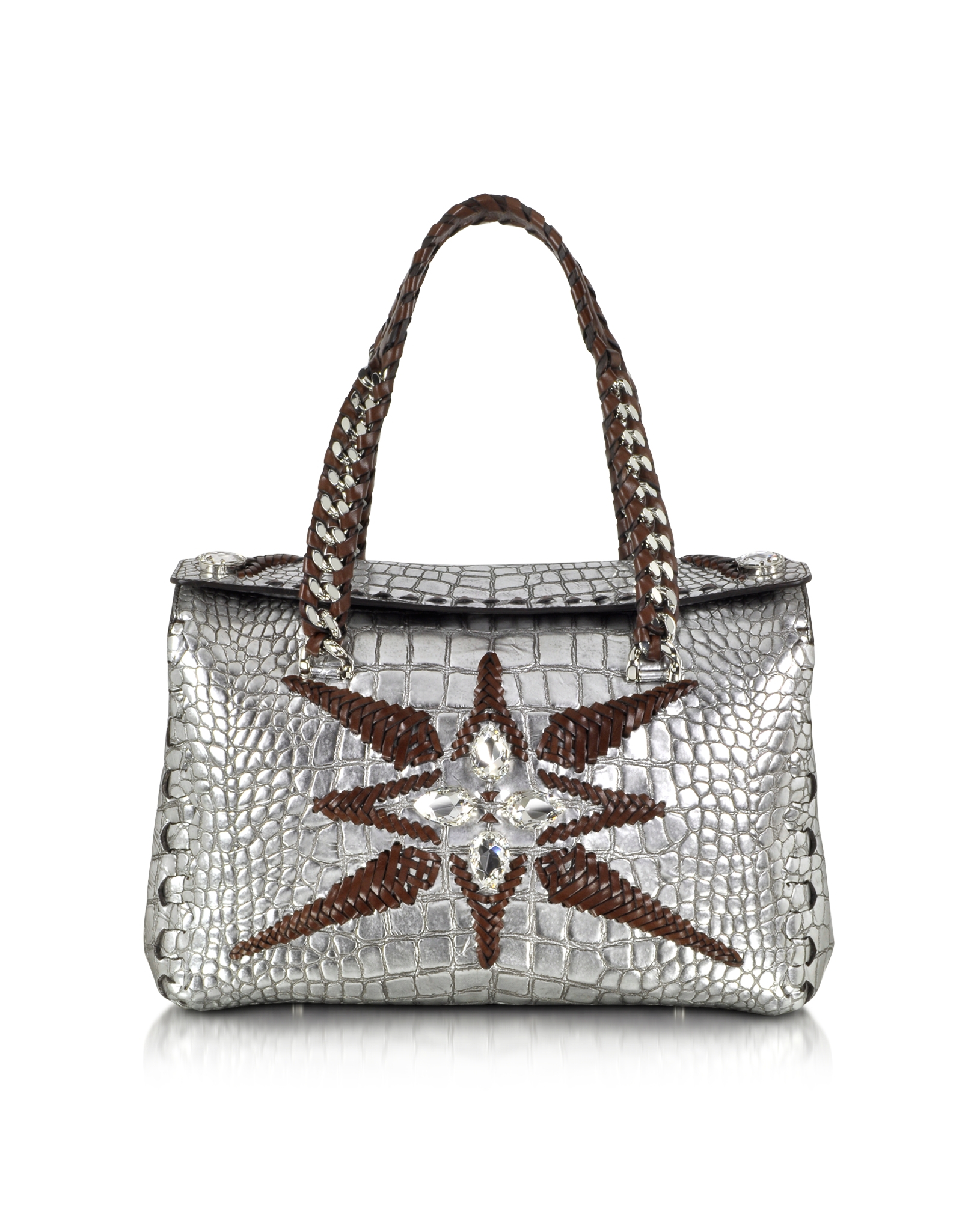Lyst - Roberto cavalli Regina Silver Embossed Croco Leather Handbag W/crystals in Metallic