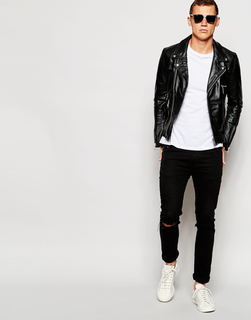Replay Leather Biker Jacket Assymetric Zip In Black For Men Lyst Gallery