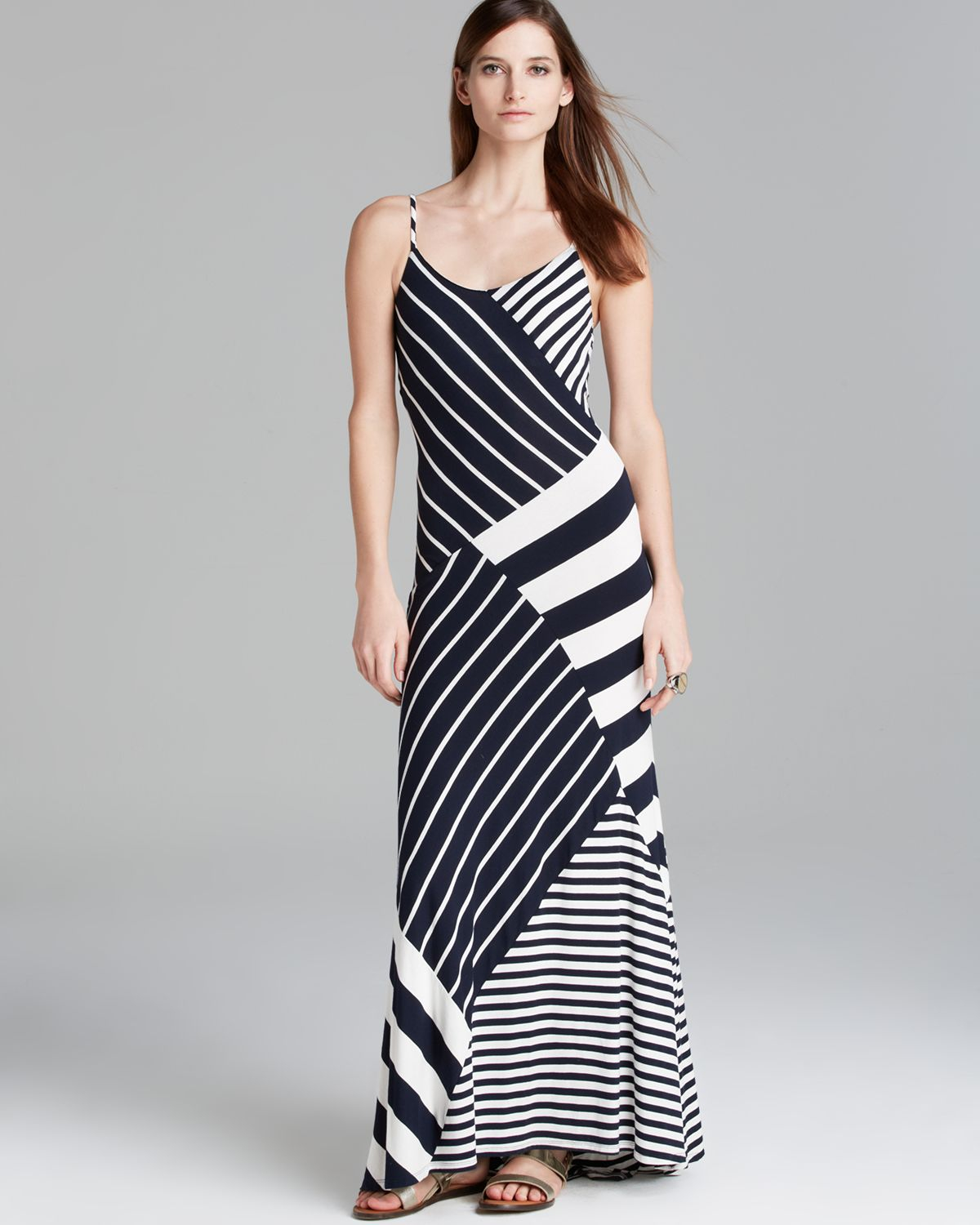Vince Camuto Stripe Mixed Print Maxi Dress - Lyst