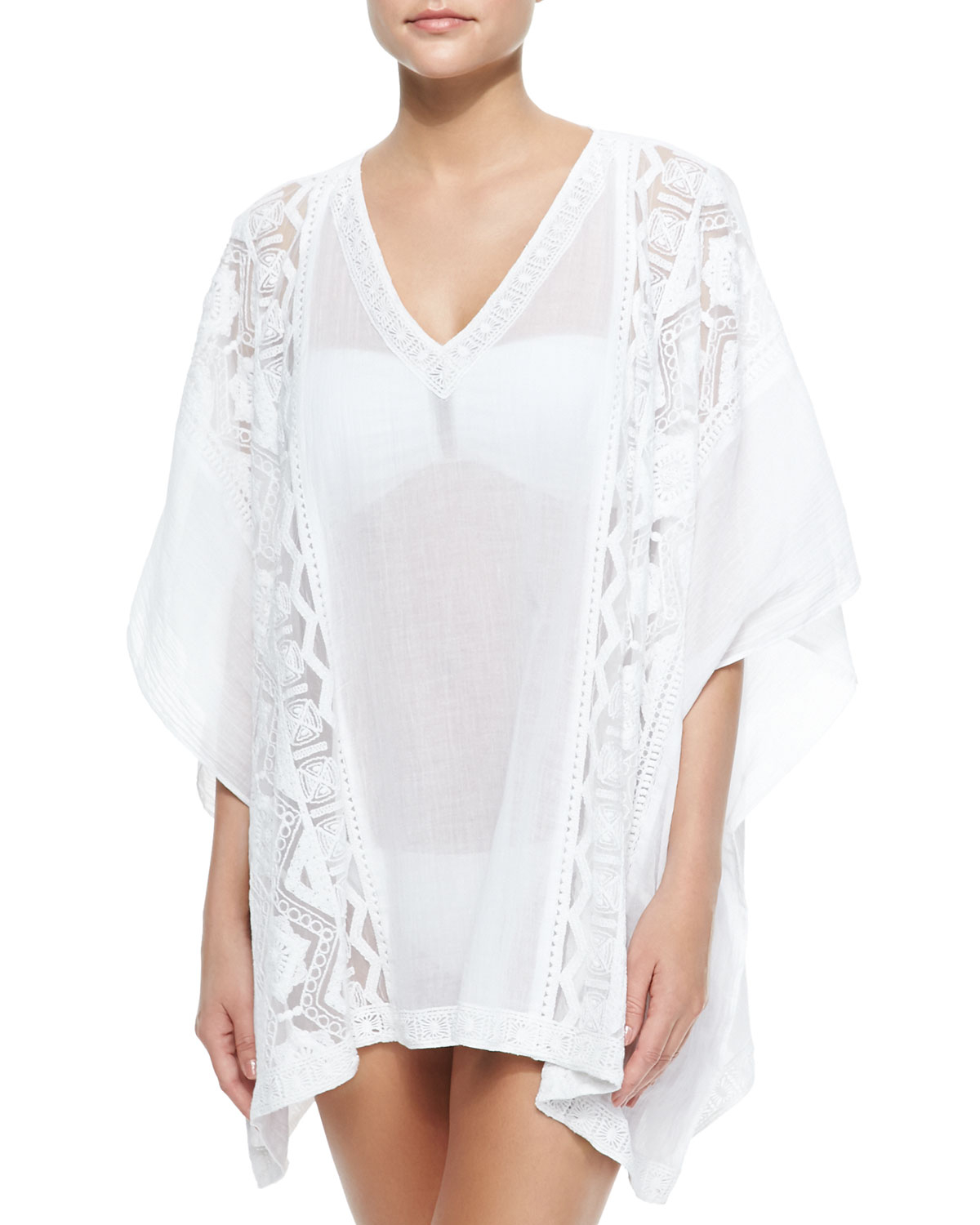 Ondademar Lace-Trim Voile Caftan Coverup in White | Lyst