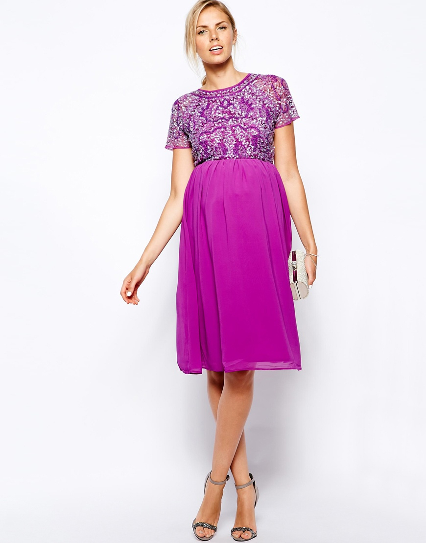 Asos Maternity Exclusive Embellished Midi Dress in Purple | Lyst