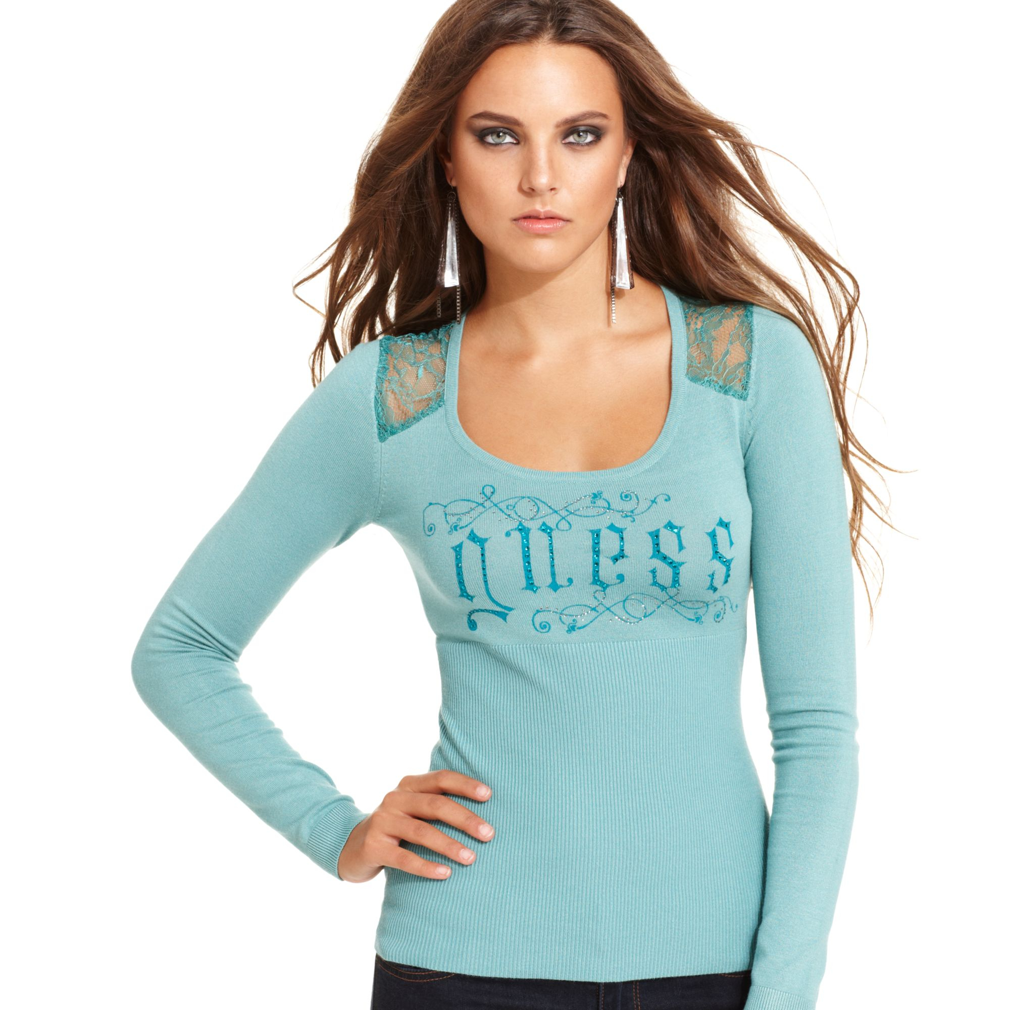 Lyst Guess Sweater Longsleeve Scoopneck Lace in Blue