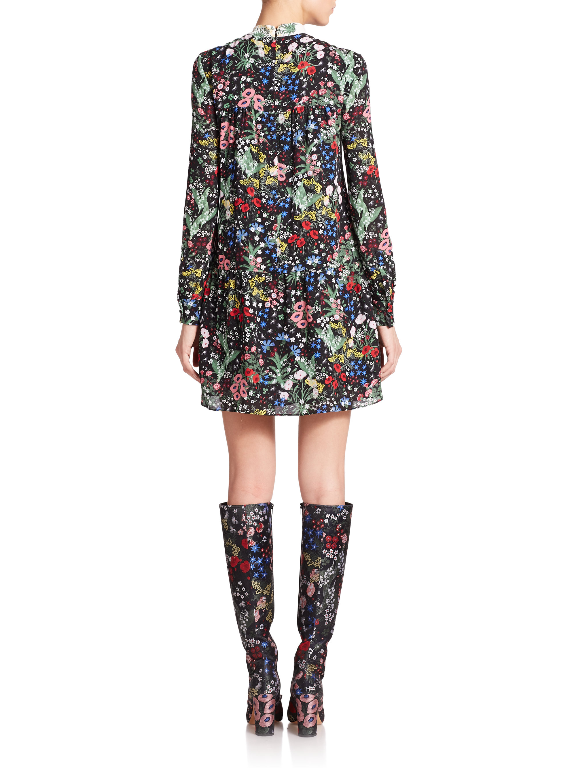 Valentino Floral Silk Tie-neck Dress in Black - Lyst