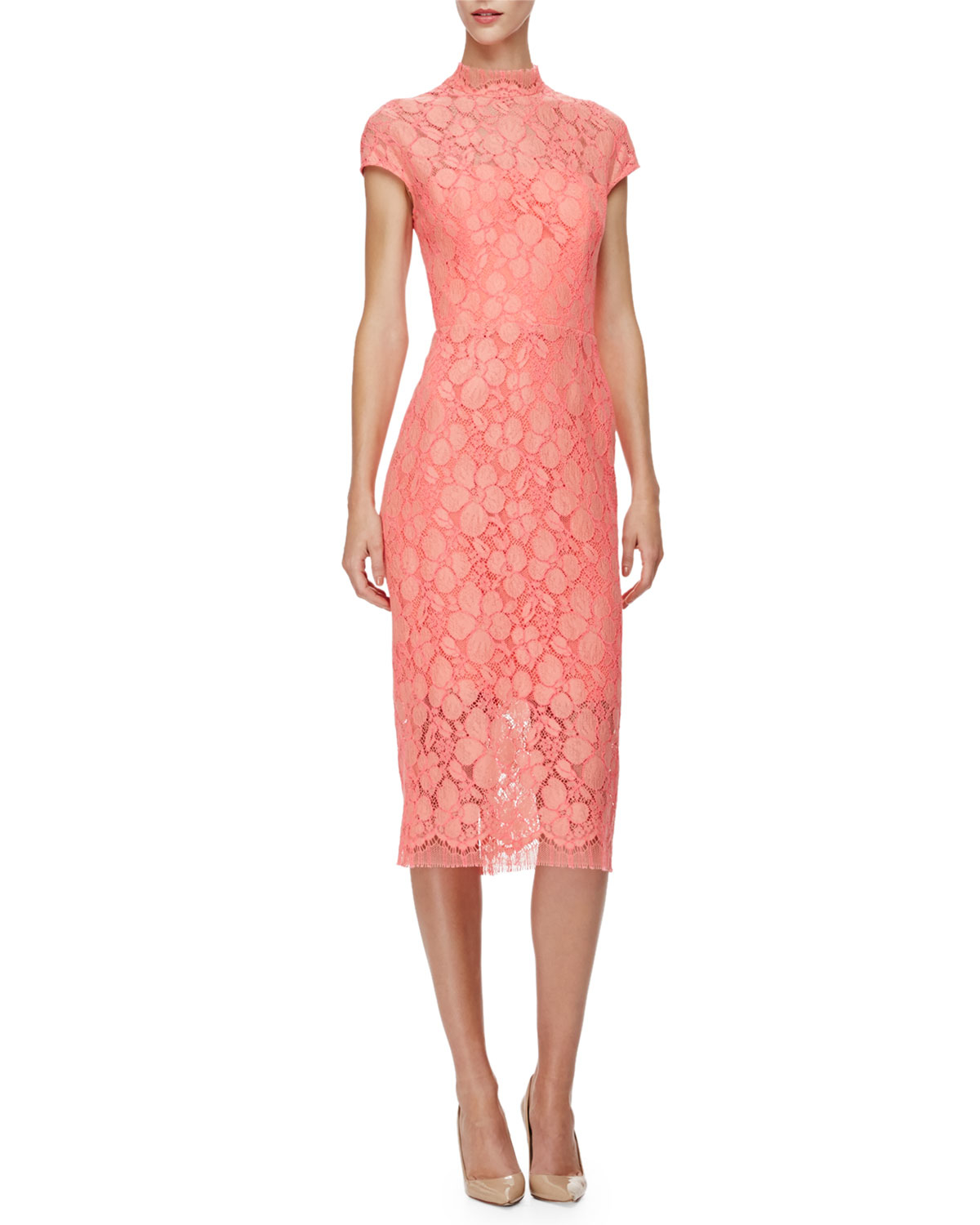 Lela Rose Cap Sleeve Lace Sheath Dress In Pink Lyst Lela Rose Cap Sleeve Lace Sheath Dress