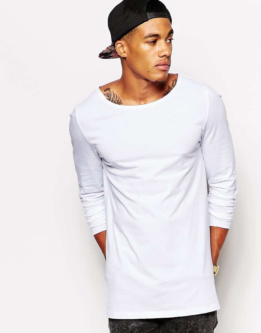 Lyst - Asos Long Sleeve T-Shirt With Boat Neck In Longline in White for Men