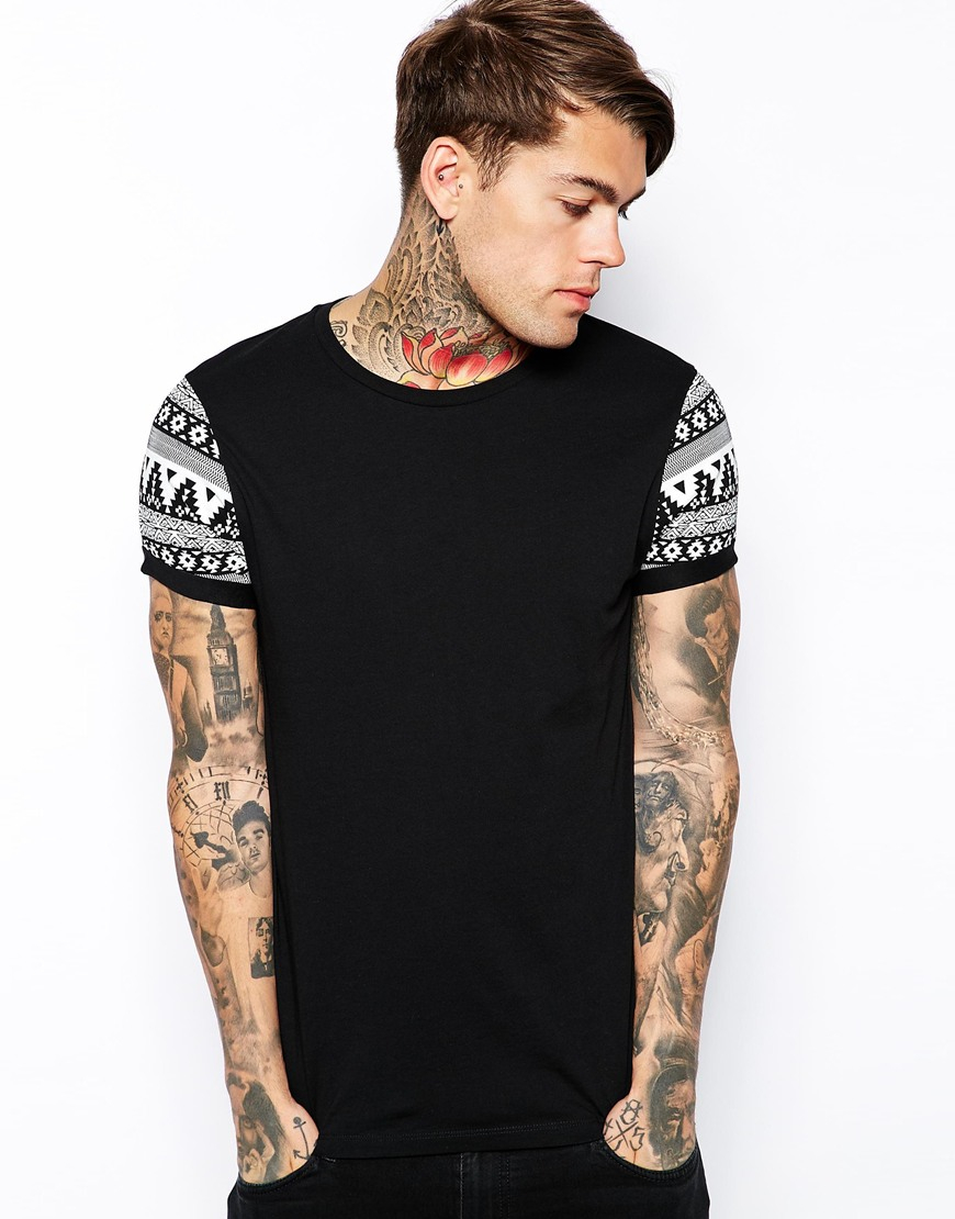 ASOS T-Shirt With Contrast Aztec Print Roll Sleeve in Black for Men - Lyst