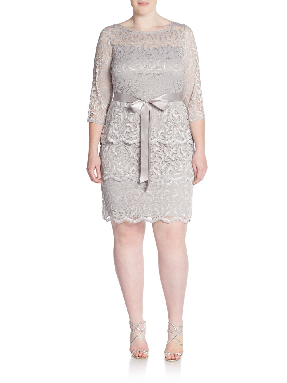Marina plussize Stretch Floral Lace Tiered Dress in Silver Lyst
