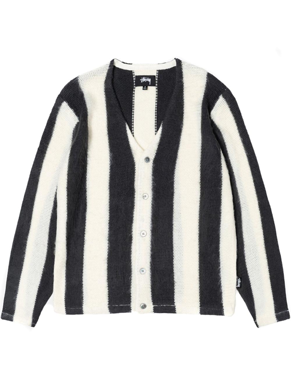 Stussy Stripe Brushed Cardigan White And Black In Acrylic | Lyst