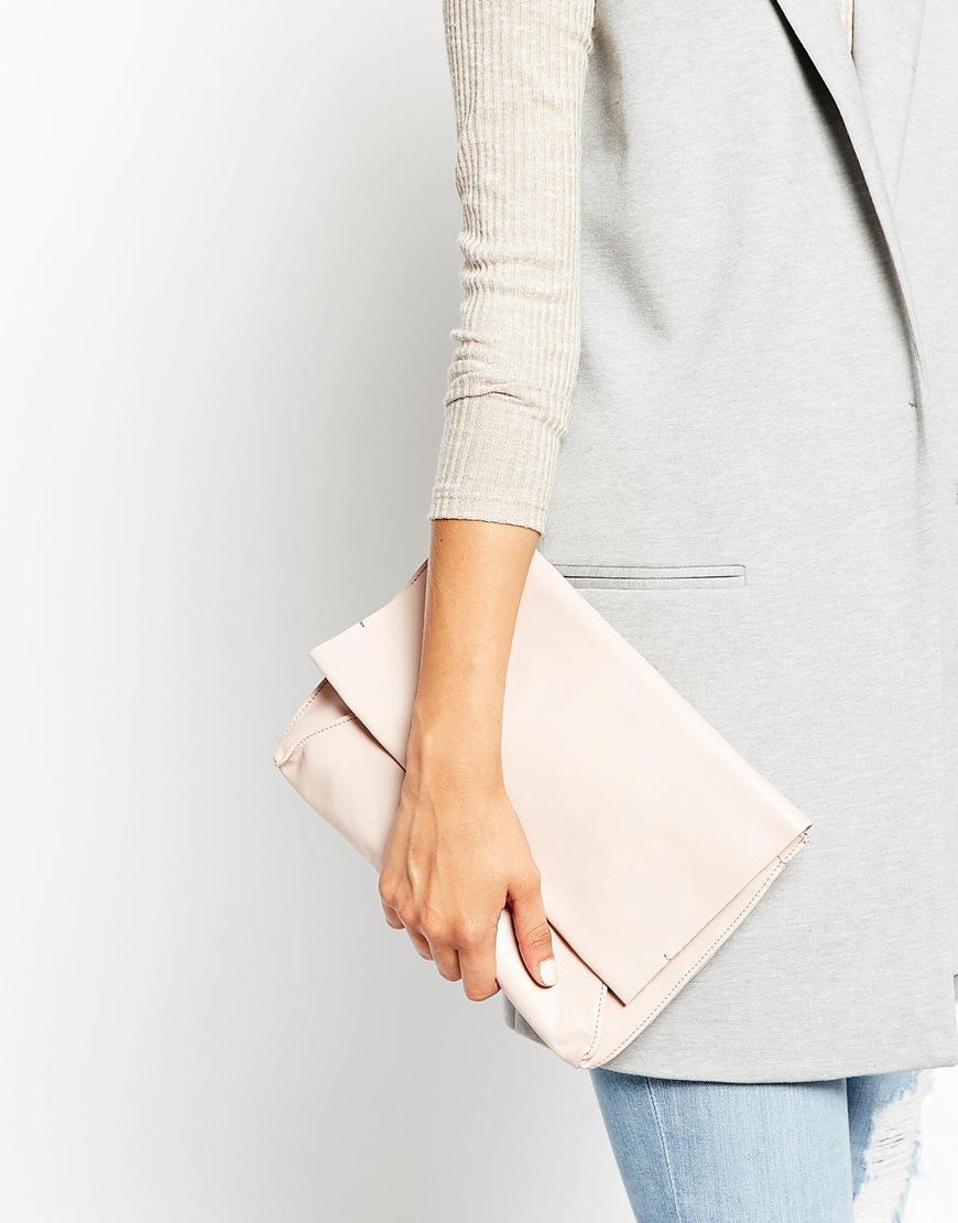 Lyst Asos Unlined Soft Leather Flap Over Clutch Bag In Pink Gallery