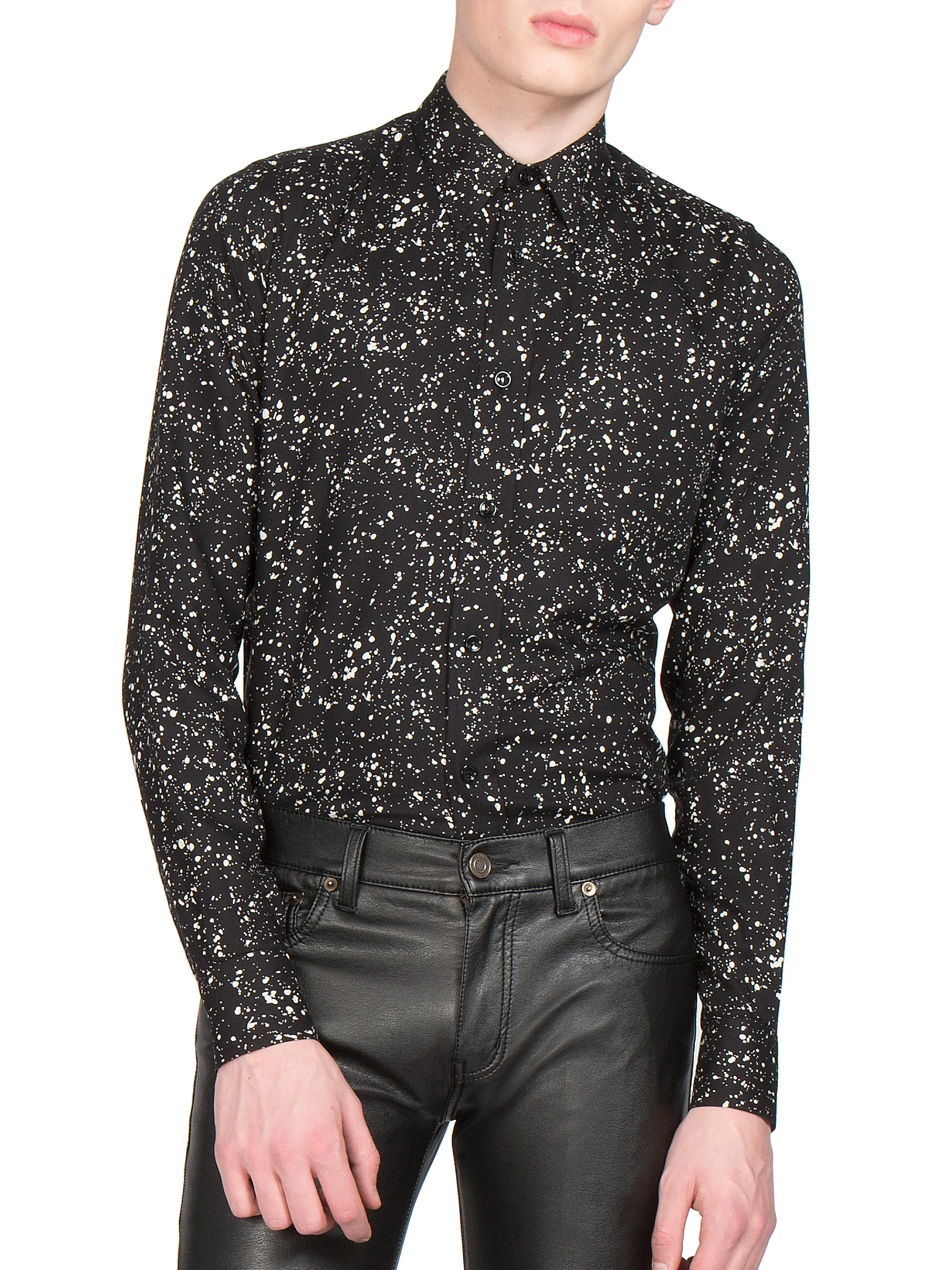 white and black printed shirt