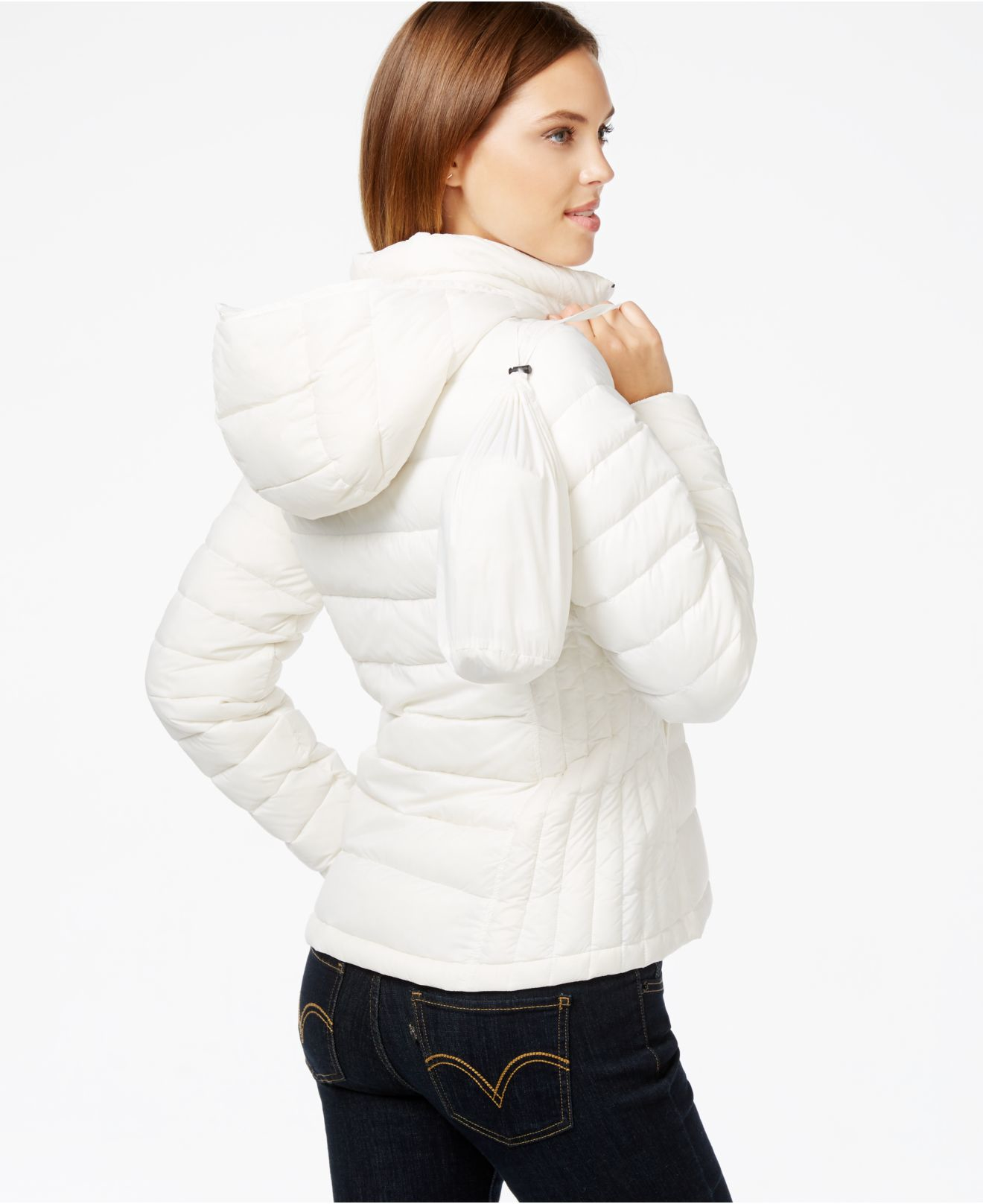 white packable down coat